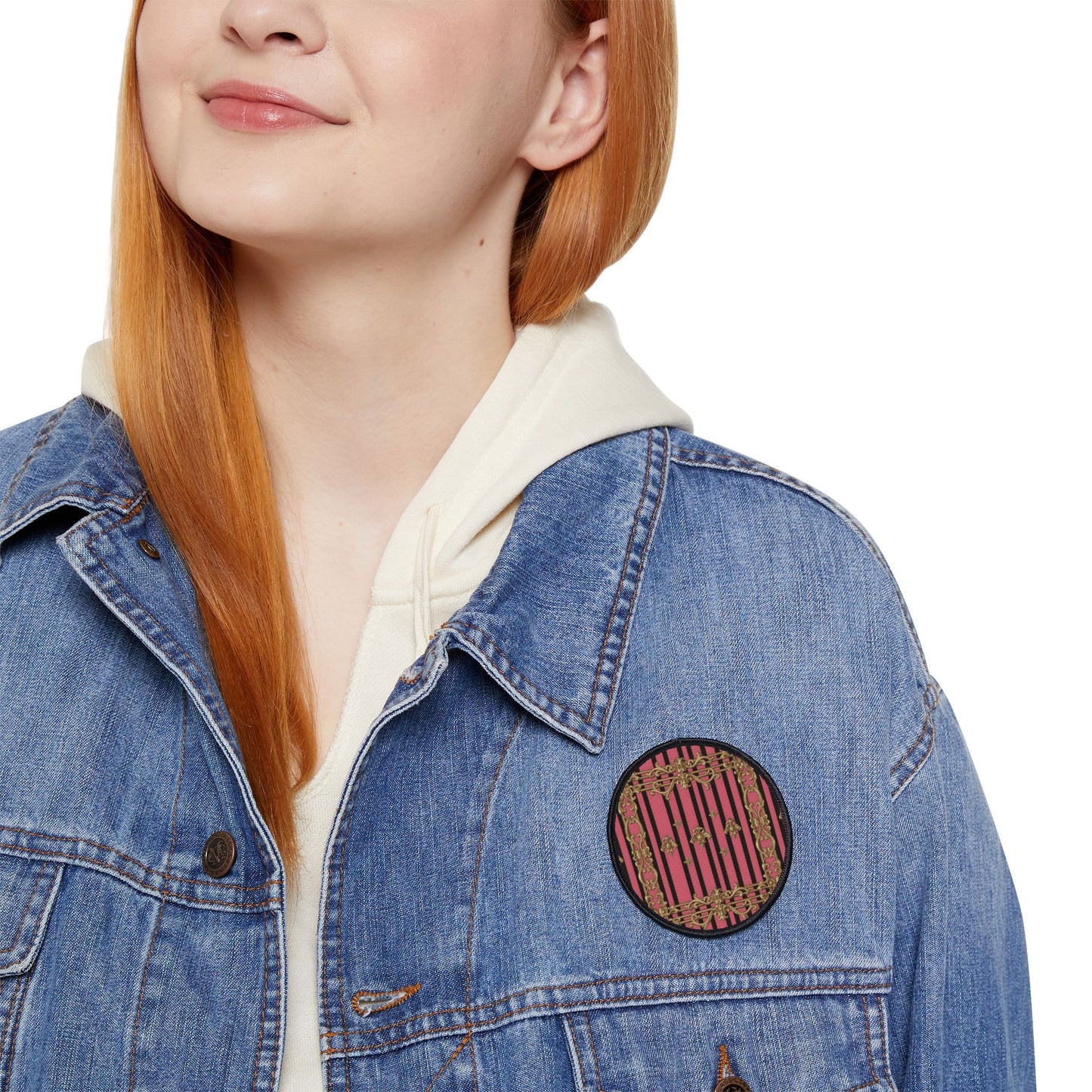 Stylish Iron-On Patches for Jackets, Bags & More, Trendy Embellishments for Fashion Lovers - Pink Striped Gold Rococo