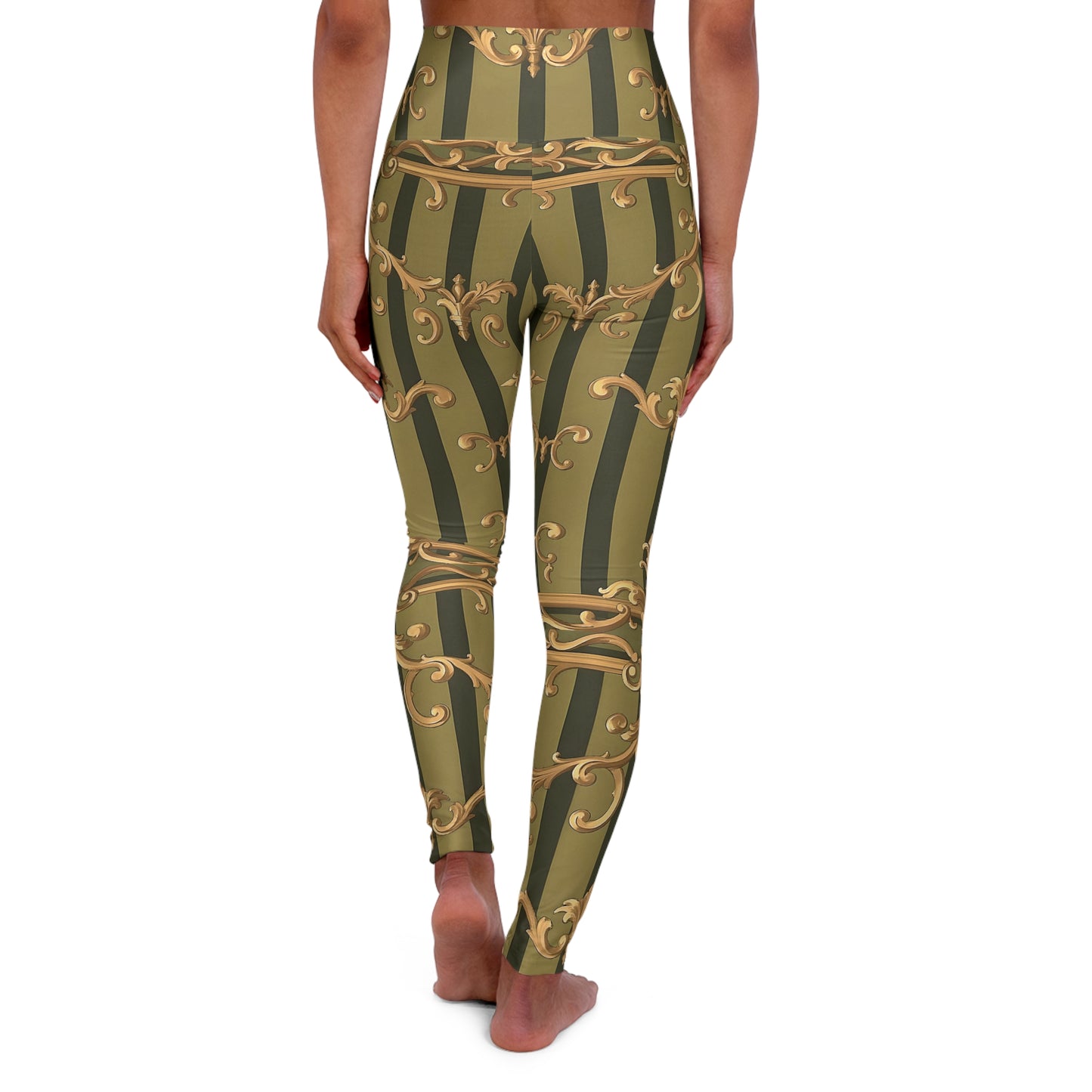 Chic High Waisted Yoga Leggings - Stylish Activewear for Fitness, Yoga, Pilates, Dance, Trendy Athleisure - Olive Green Striped Rococo