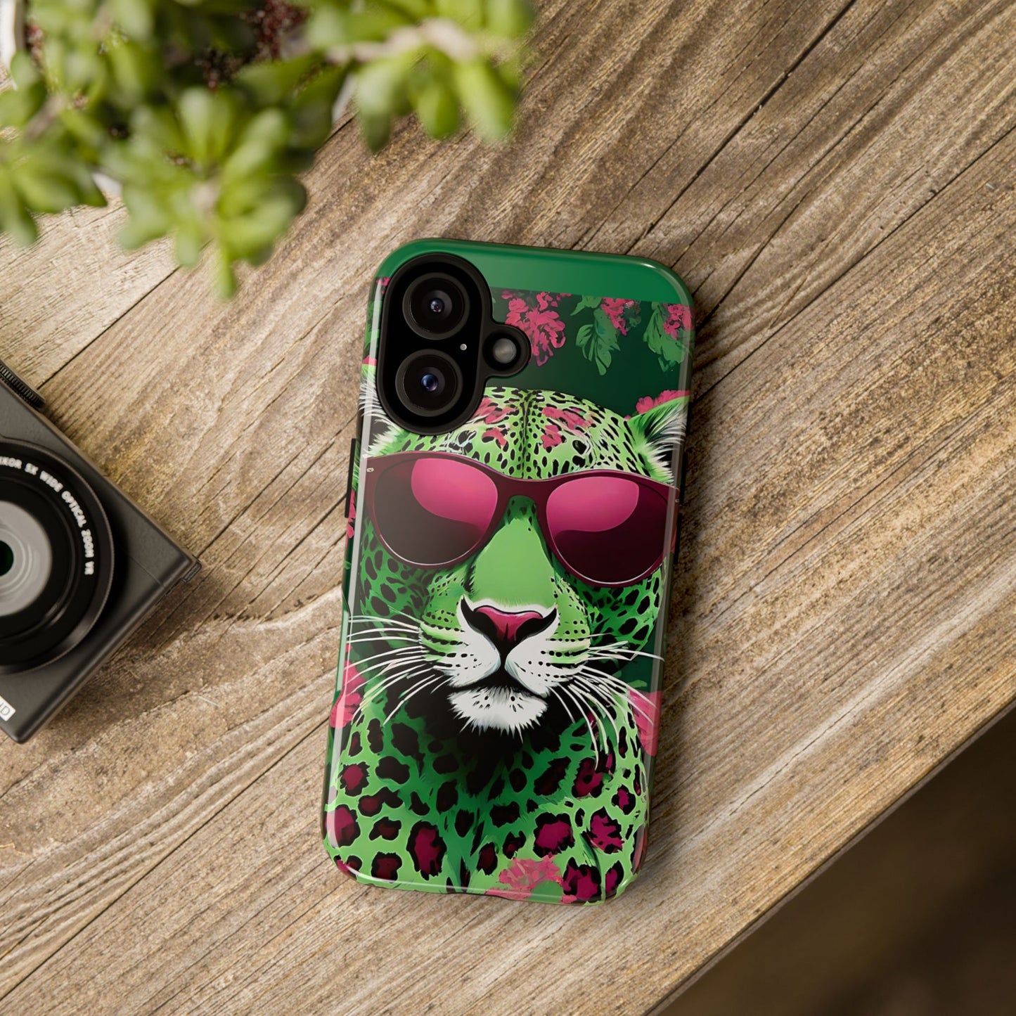 Phone Case - Lime Green & Burgundy Leopard In Sunglasses Design
