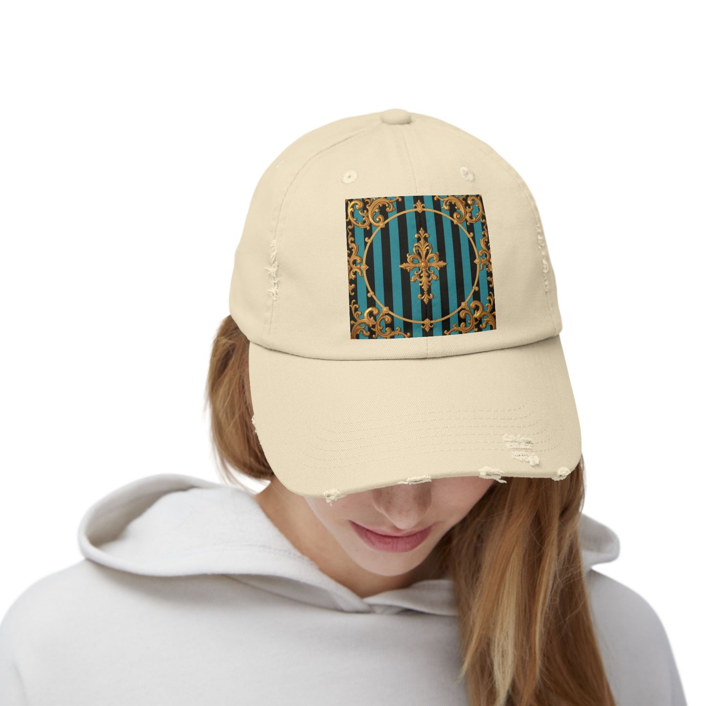 Turquoise & Black Striped Gold Baroque Distressed Cap with Elegant Design, Fashion Accessory for Everyday Wear, Perfect for Festivals, Gifts