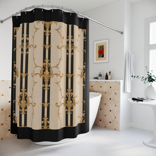 Elegant Vintage Shower Curtain | Luxury Bathroom Decor, Floral Design, Elegant Home Accent - Black & Beige Striped Damask