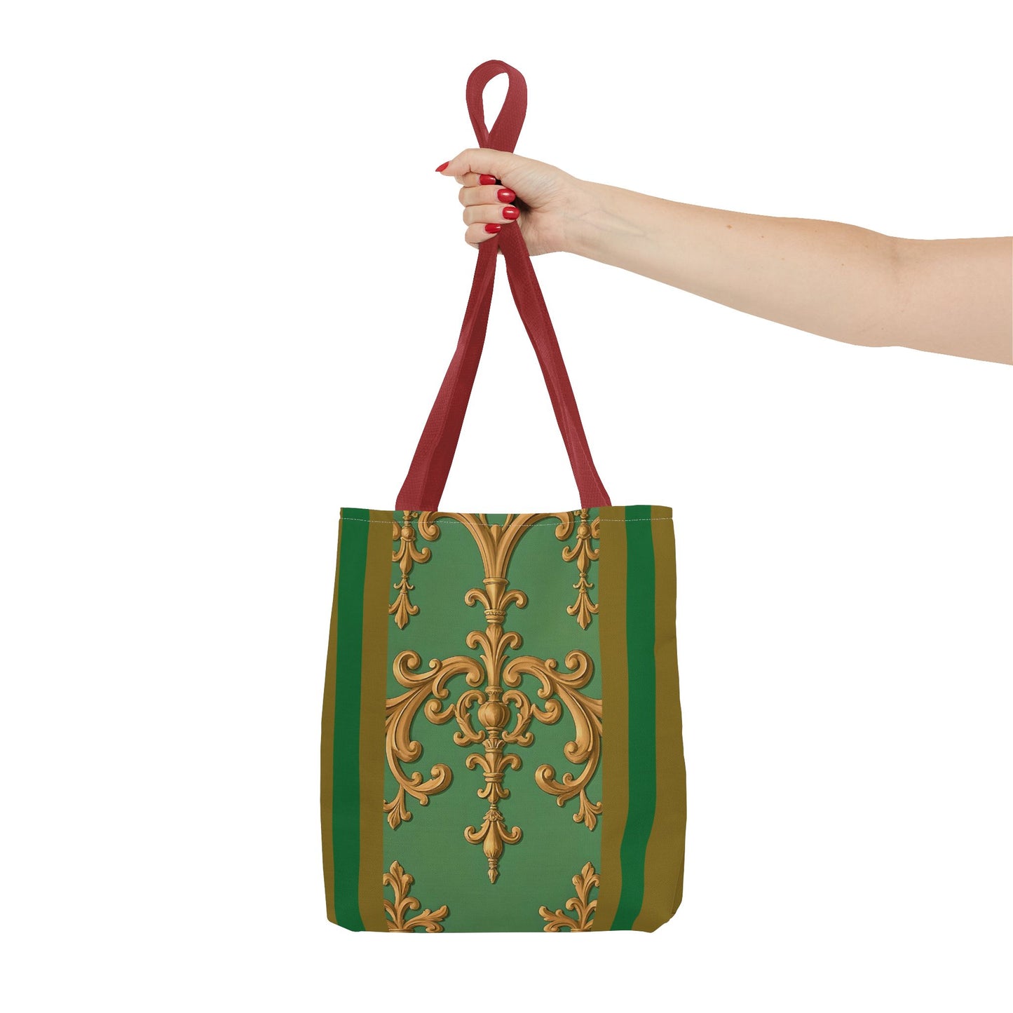 Ornate Floral Tote Bag, Chic Shopping Bag, Fashionable Eco Tote, Stylish Gift for Her, Versatile Everyday Use - Olive Green Striped Rococo