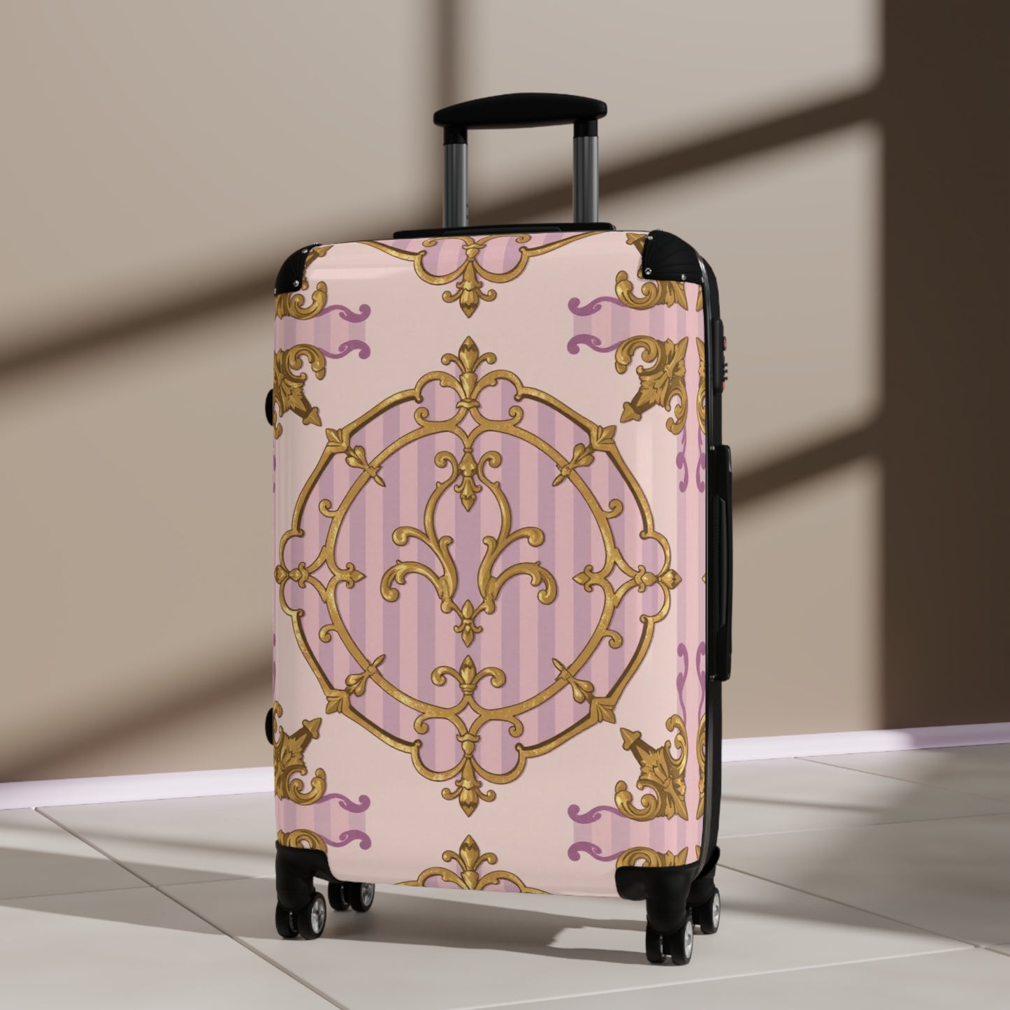Elegant Lavender & Alabaster Striped Gold Baroque Suitcase for Travel, Stylish Luggage, Personalized Gift, Vacation Essential, Unique Design Suitcases