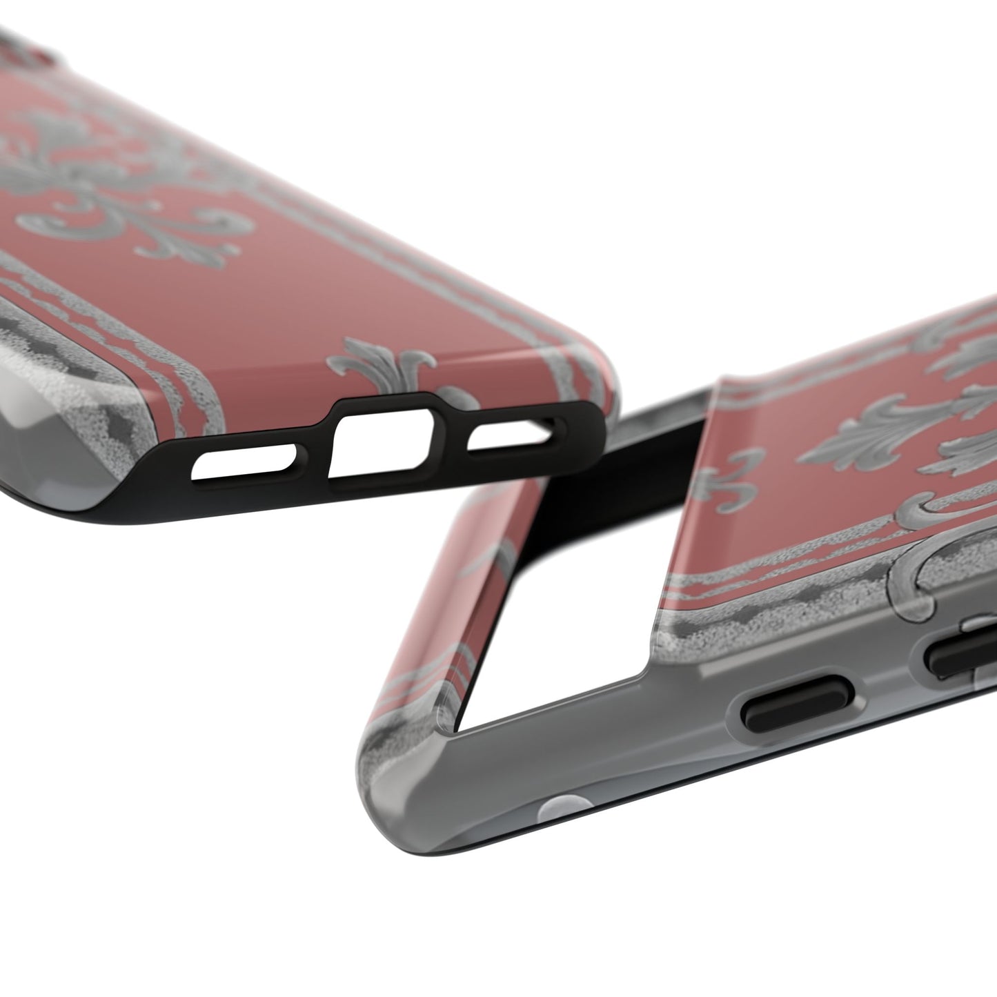 Elegant Floral Phone Case - Tough Cases for Stylish Protection - Gray & Mauve Striped Baroque