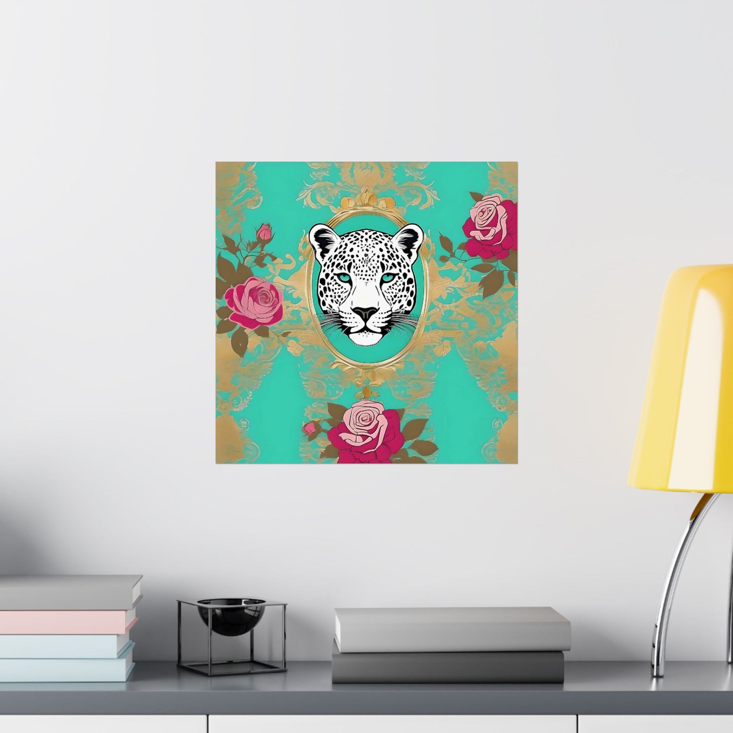 Floral Motif Art Poster - Elegant Matte Vertical Wall Decor - Leopard In Aqua With Roses