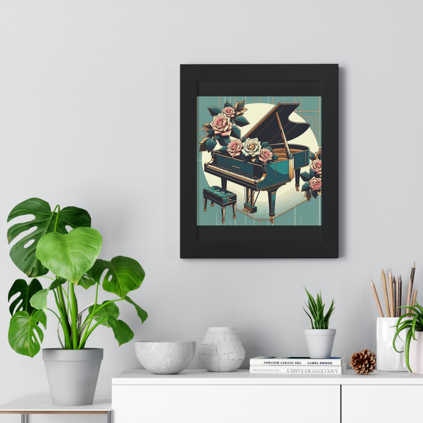Vertical Poster - Teal Grand Piano & Roses Wall Art