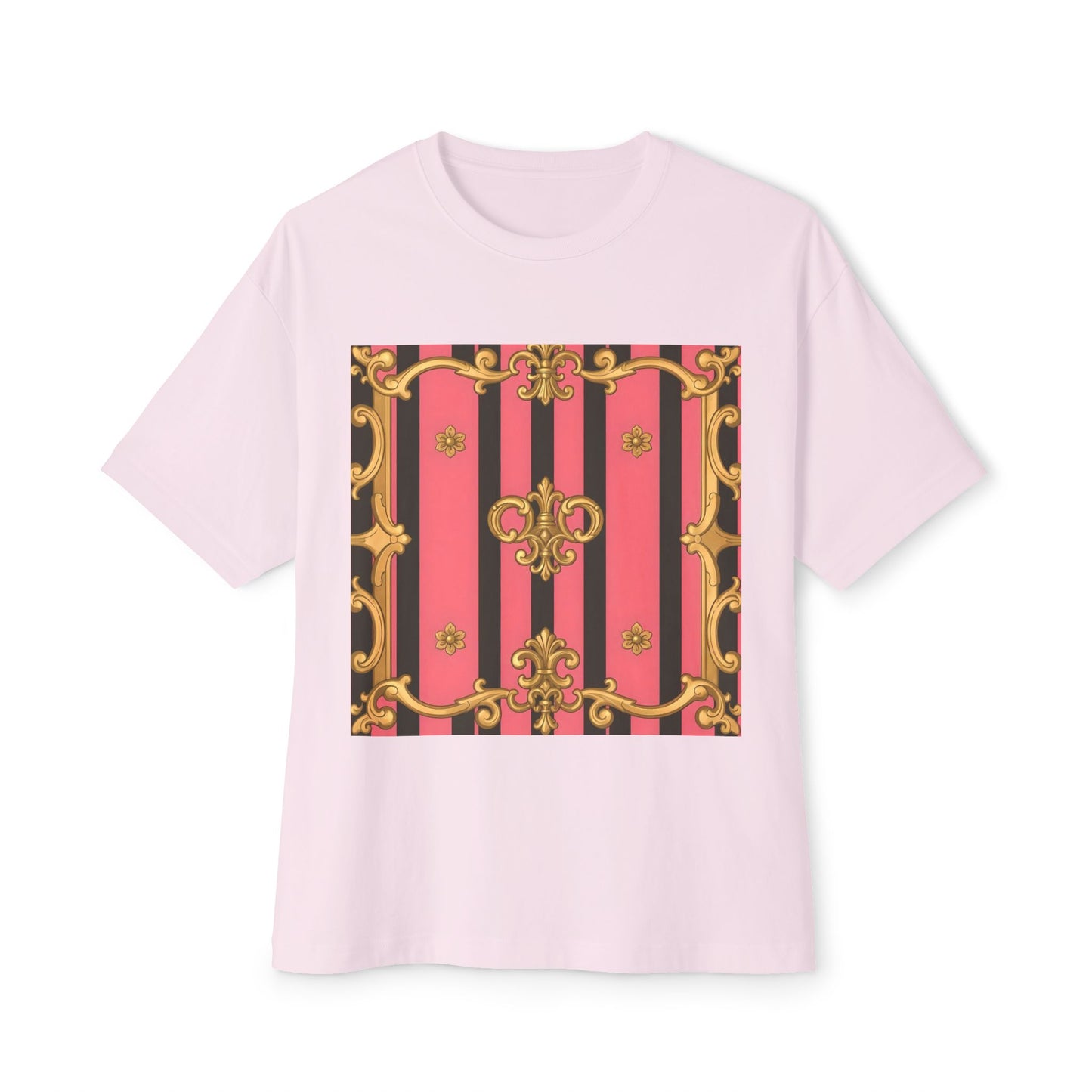 Chic Vintage-Inspired Oversized Tee, Stylish Graphic T-Shirt, Baroque Tee, Casual Summer Shirt - Pink & Black Striped Gold Baroque