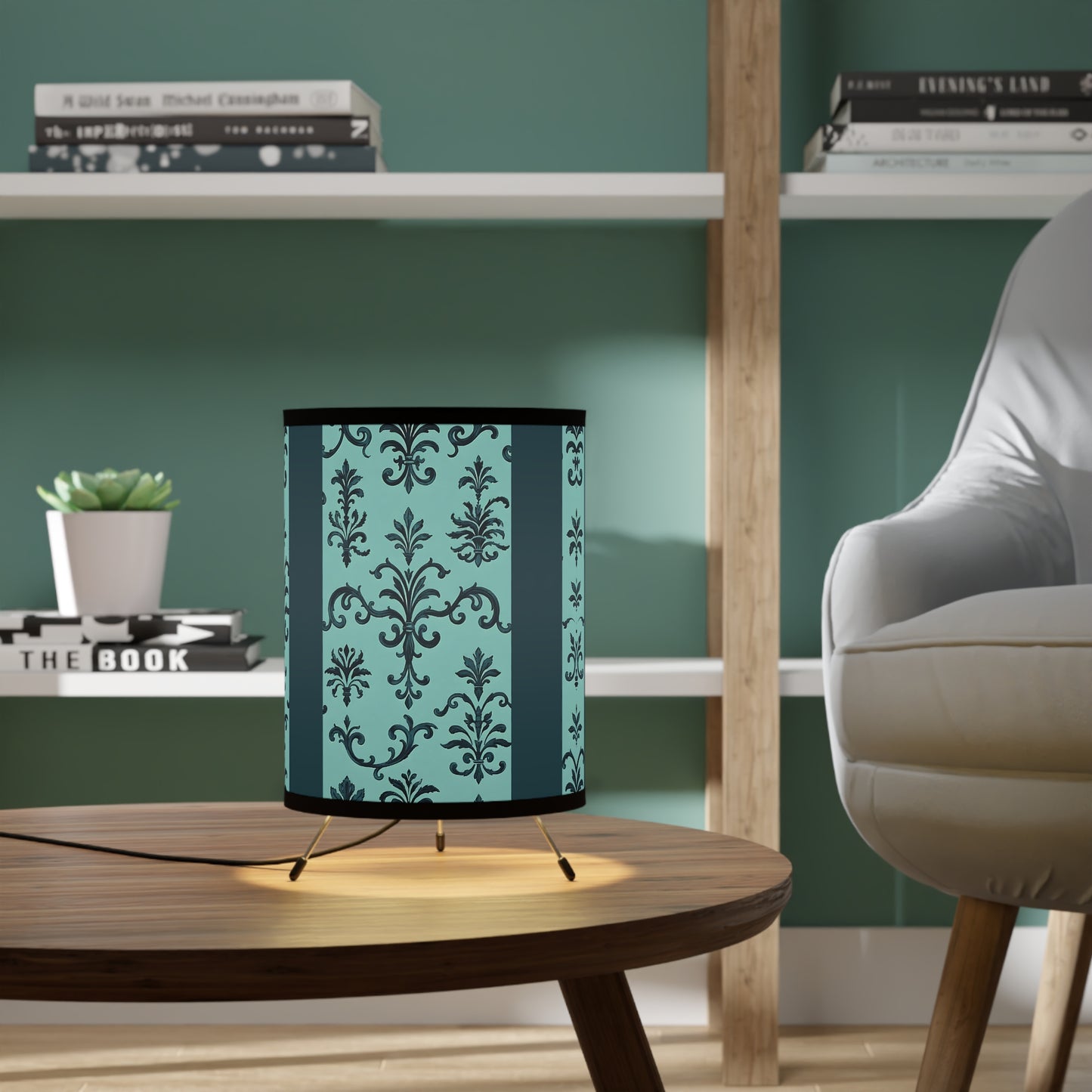 Elegant Tripod Lamp with High-Res Floral Printed Shade, Home Decor, Living Room Lighting, Design Lovers Gift - Teal Striped Rococo