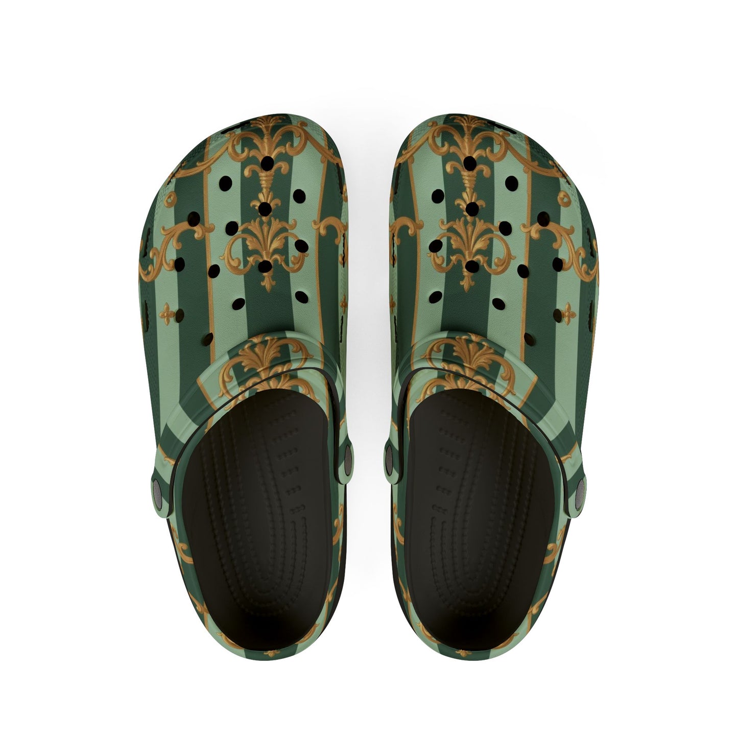 Elegant AOP EVA Foam Clogs - Stylish Garden-Inspired Footwear for Comfort & Trend, Unique Slip-Ons - Mint Green & Teal Striped Gold Baroque