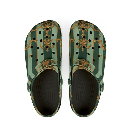 Elegant AOP EVA Foam Clogs - Stylish Garden-Inspired Footwear for Comfort & Trend, Unique Slip-Ons - Mint Green & Teal Striped Gold Baroque