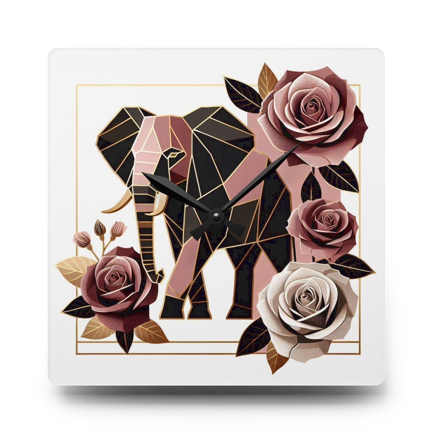 Bohemian Elephant-Inspired Acrylic Wall Clock with Floral Design - Brown & Mauve Elephant & Roses Design