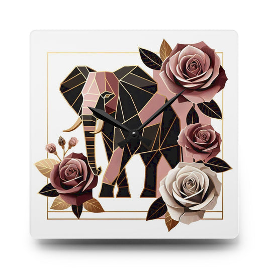Bohemian Elephant-Inspired Acrylic Wall Clock with Floral Design - Brown & Mauve Elephant & Roses Design