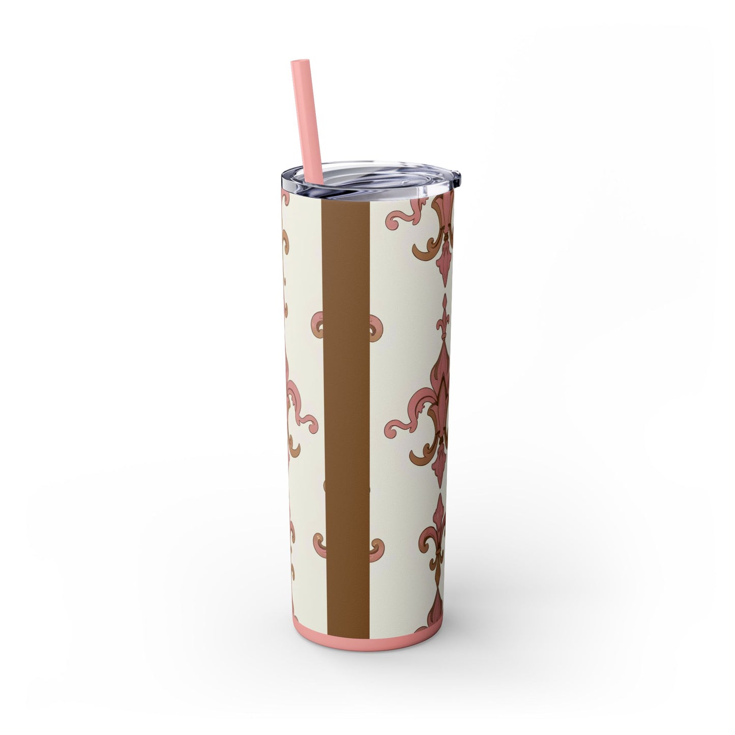 Elegant Floral Skinny Tumbler, 20oz Drinkware, Stylish Travel Mug, Wedding Gift, Personalized Gift, Eco-Friendly Cup - Brown Striped Pink Arabesque