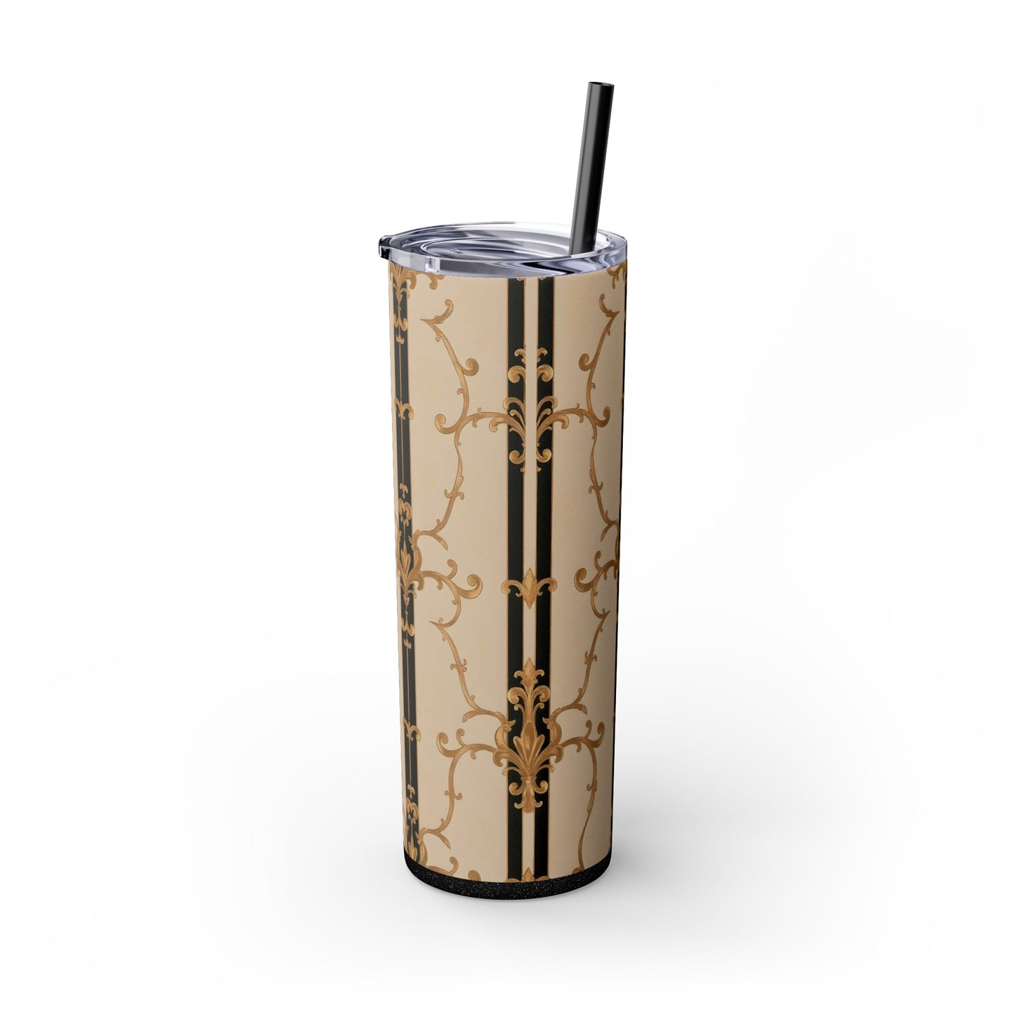 Elegant Gold Patterned Skinny Tumbler with Straw, 20oz | Stylish Travel Mug, Gift for Her, Fancy Drinkware - Black & Beige Striped Damask