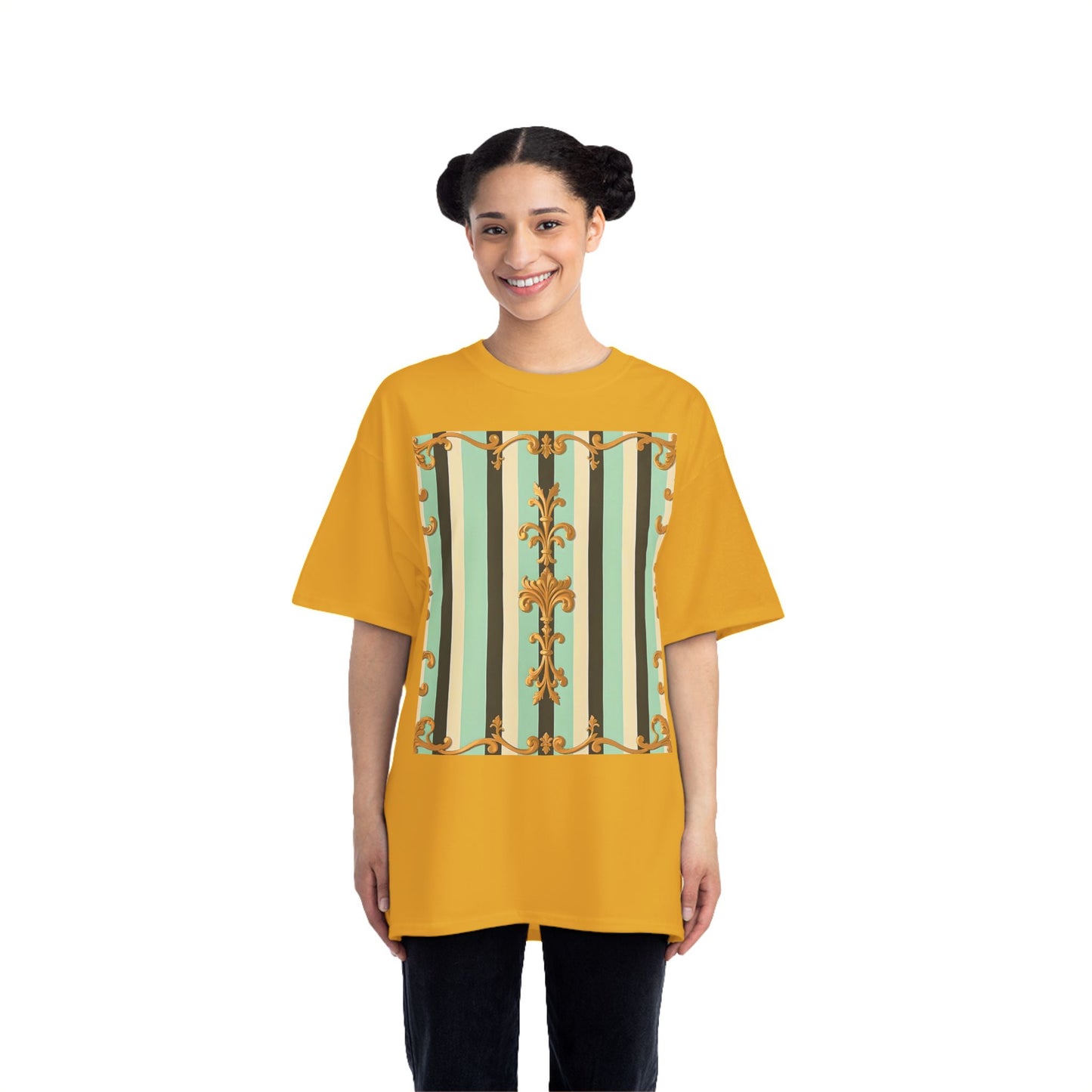 Vintage-Inspired Short-Sleeve T-Shirt, Casual Wear, Graphic Tee, Retro Style, Summer Fashion, Gift for Her - Black & Matte Mint Striped Rococo