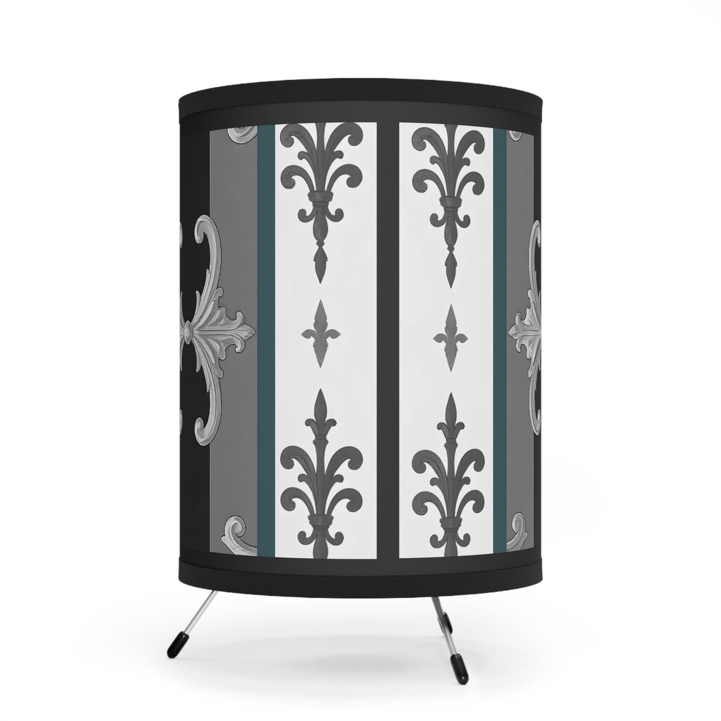 Elegant Tripod Lamp with Vintage Floral Print Shade - High-Res Home Accent - Striped Minimal Damask