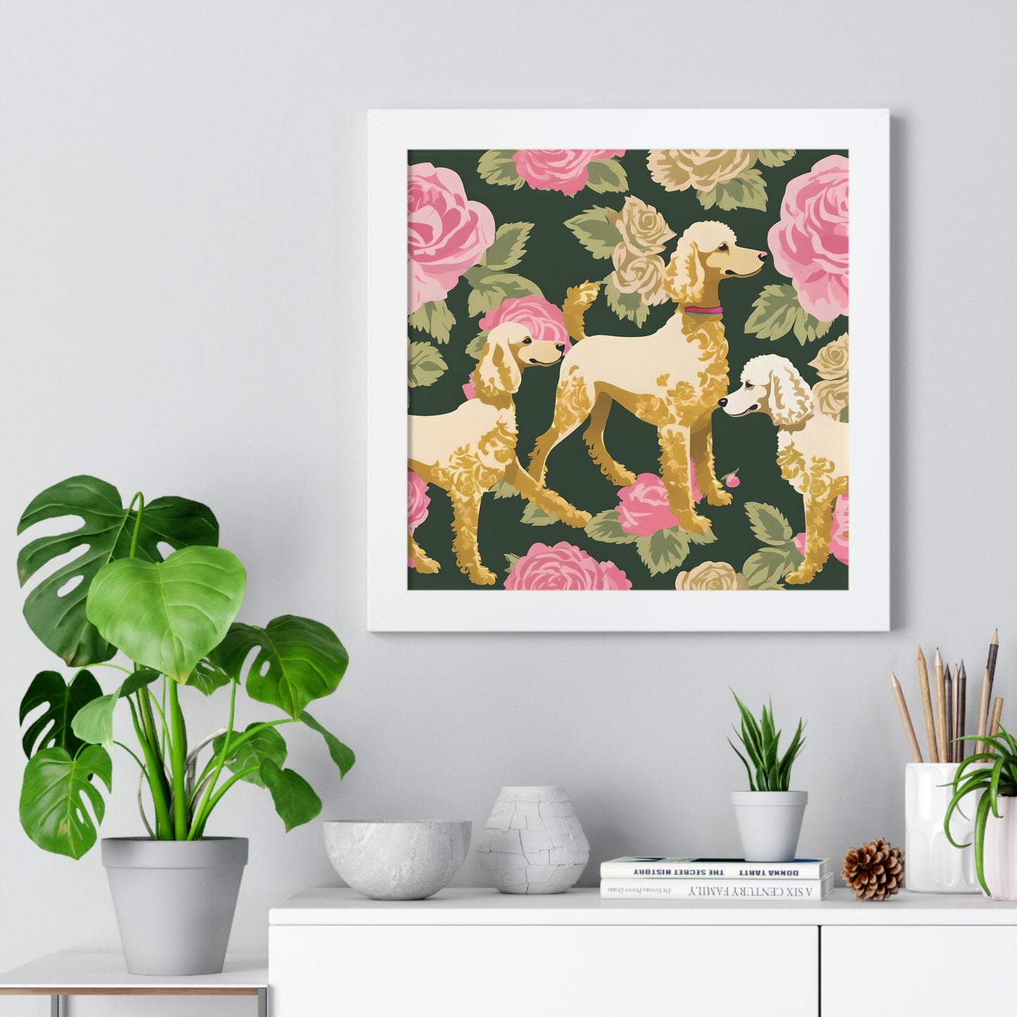 Vertical Poster - Stylish Framed - Art for Home Decor - Poodles In Dark Green & Pink Roses