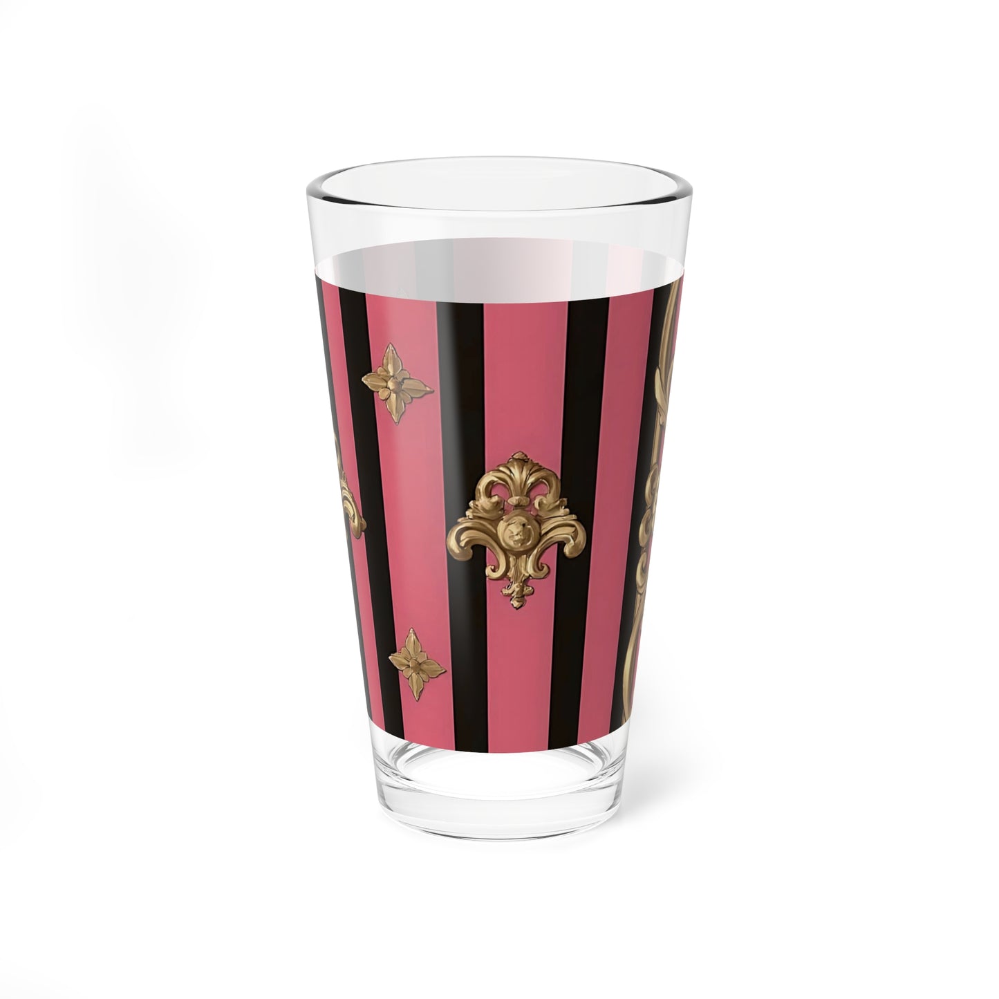 Chic Mixing Glass, 16oz Decorative Drinkware, Elegant Barware, Birthday Gift, Retro Kitchen Decor, Stylish Cocktail Glass - Pink Striped Gold Rococo