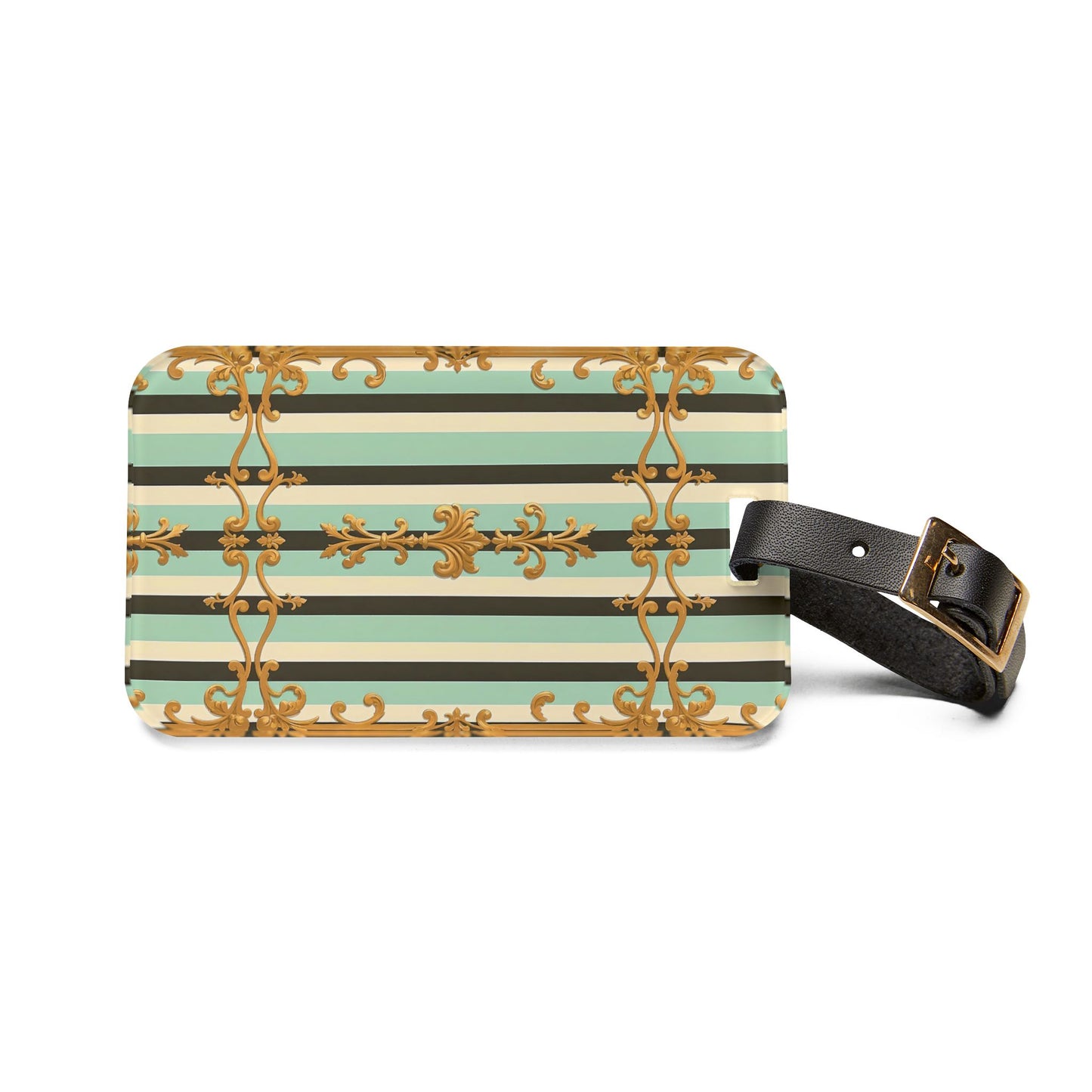 Chic Luggage Tag - Stylish Travel Accessory, Personalized Gift, Vacation Essential, Unique Baggage Identifier - Black & Matte Mint Striped Rococo