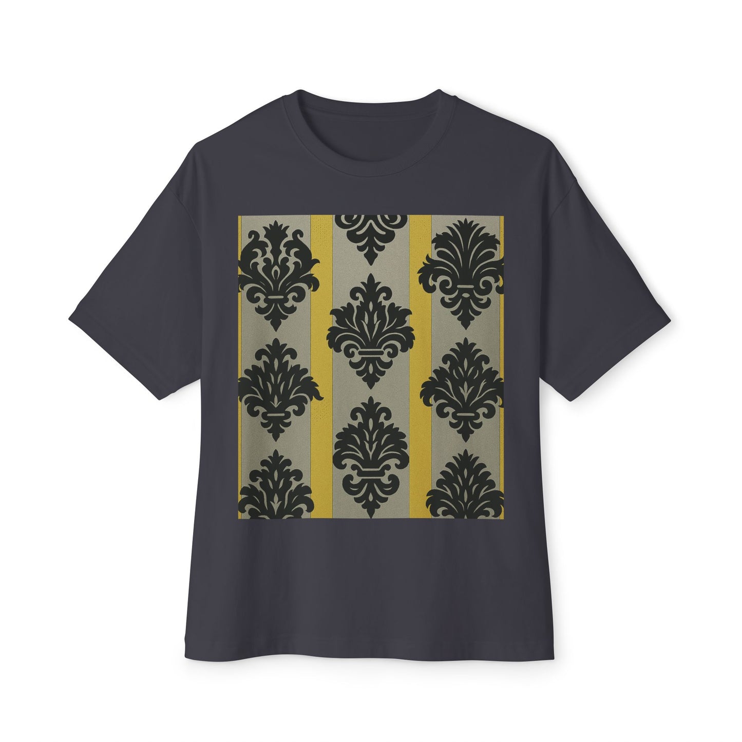 Chic Unisex Oversized Tee, Stylish Casual Wear, Statement Tee, Everyday Comfort, Fashion Gift - Silver & Gold Striped Black Baroque