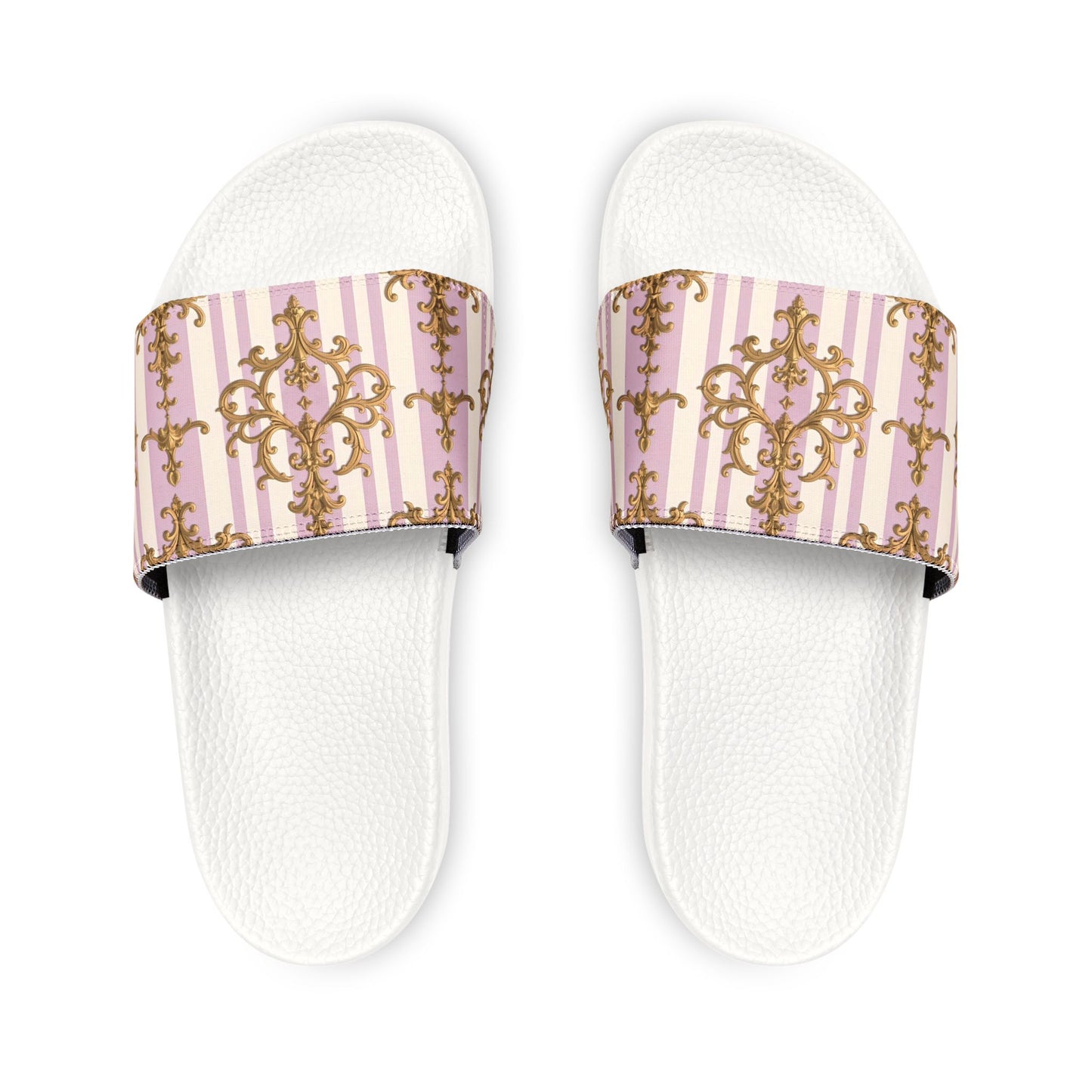 Stylish Women's Sandals with Removable Straps, Comfortable Summer Footwear, Trendy Slippers for Beach - Lilac & Alabaster Striped Gold Baroque