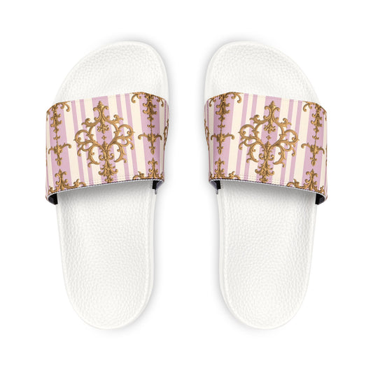Stylish Women's Sandals with Removable Straps, Comfortable Summer Footwear, Trendy Slippers for Beach - Lilac & Alabaster Striped Gold Baroque