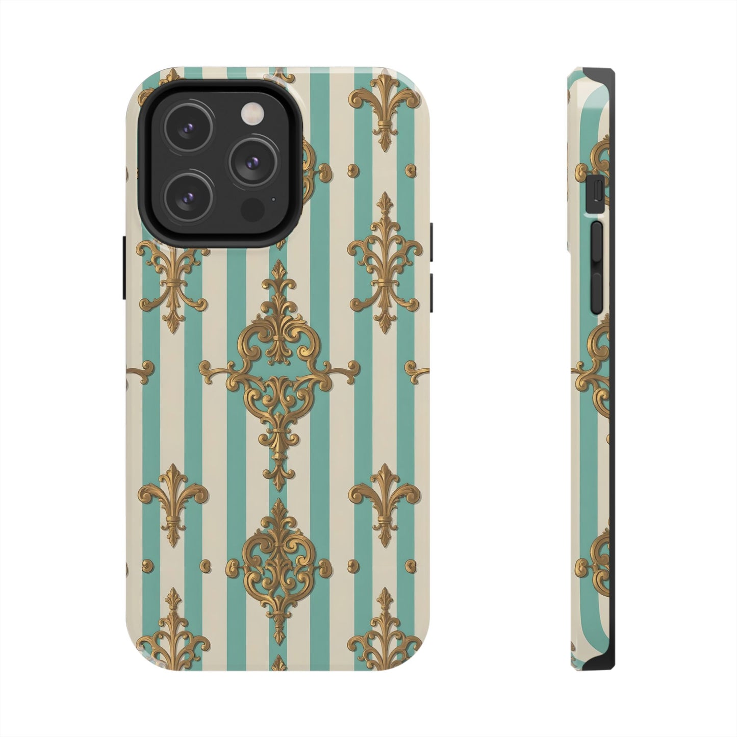 Elegant Striped Phone Case with Vintage Design, Tough Phone Cover, Stylish Smartphone Case - Matte Green Striped Rococo