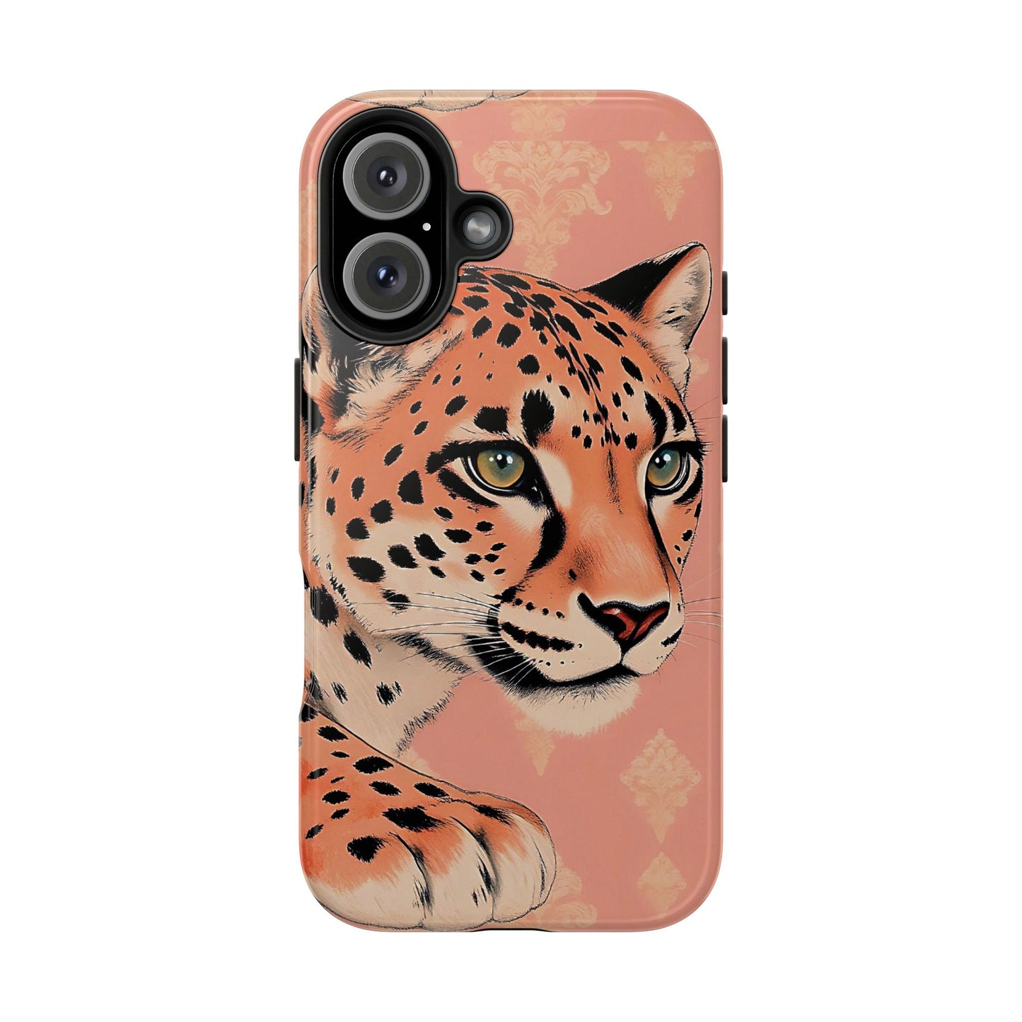 Leopard Tough Phone Case - Trendy Floral Motif Design for Animal Lovers - Peach Leopard & Damask