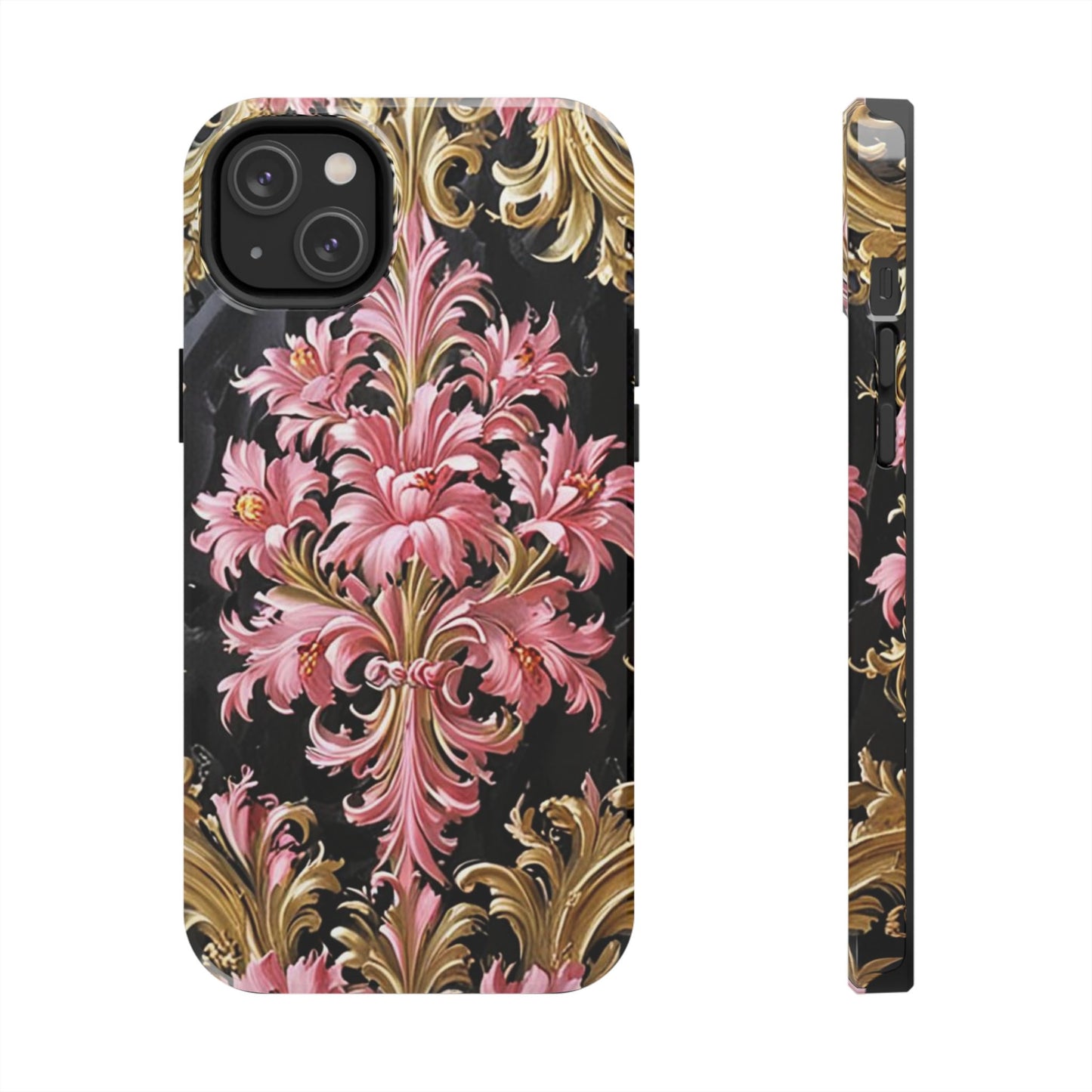 Elegant Floral Tough Phone Cases | Stylish Protection for Her | Gift for Birthdays - Black & Pink Oil Painting Style Rococo