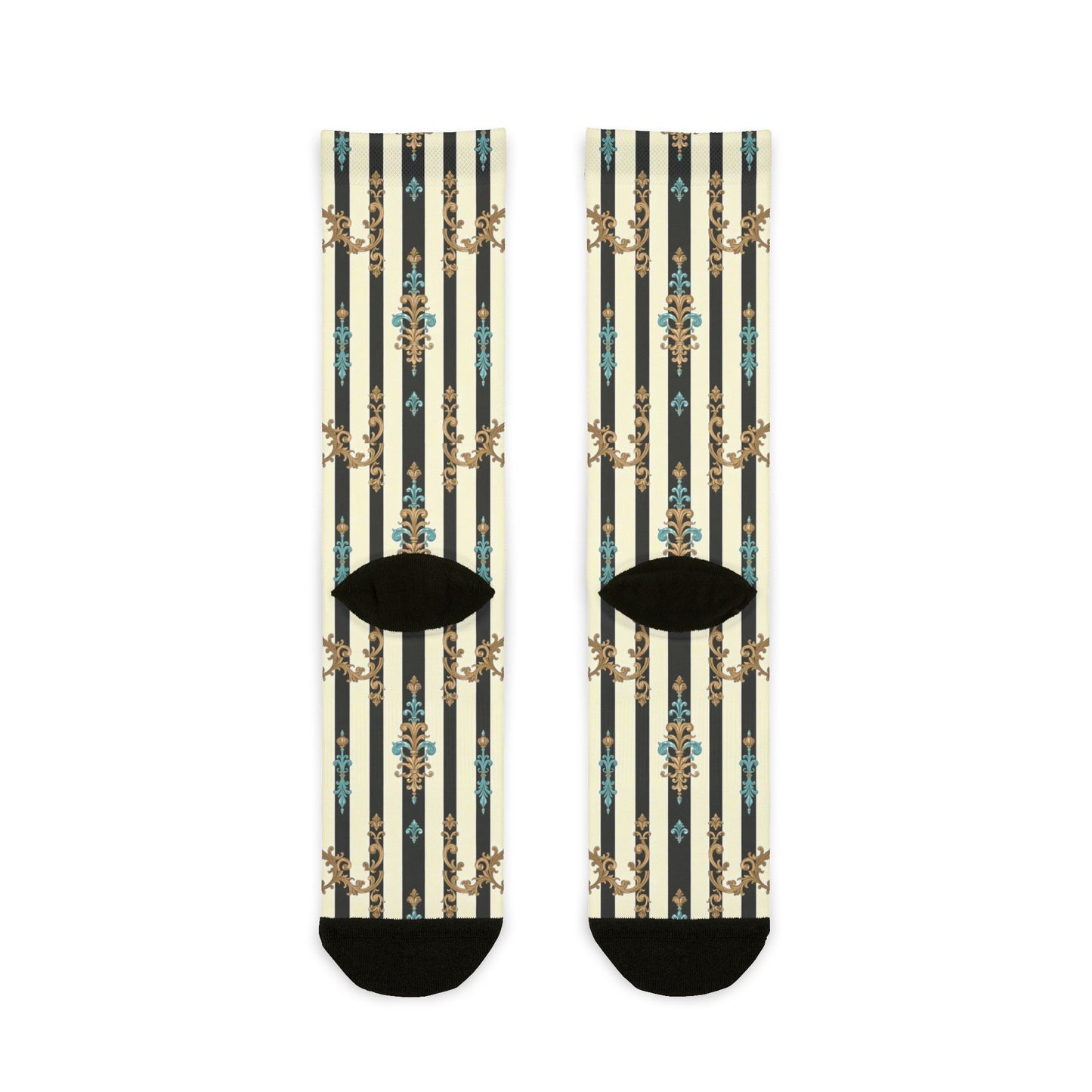 Stylish Sublimation Crew Socks with Unique Striped Design, Fun Fashion Gift, Everyday Wear - Black Striped Turquoise & Black Rococo