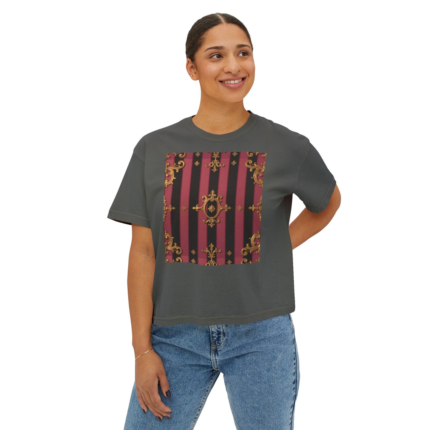 Black & Mauve Striped Gold Baroque Women's Boxy Tee, Vintage Style Top, Casual Fashion Tee, Oversized Graphic Shirt