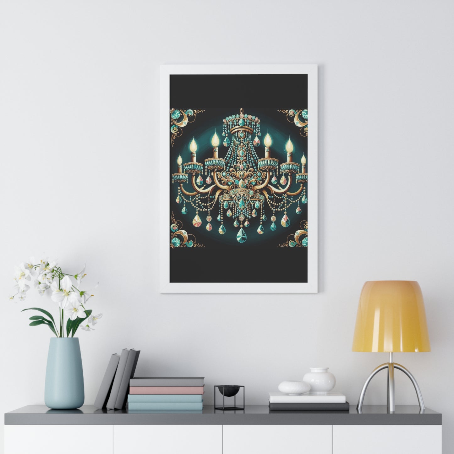 Elegant Chandelier Art Print, Framed Vertical Poster, Home Decor, Wall Art, Gift for Her, Luxury Interior Decoration - Teal Jeweled Chandelier