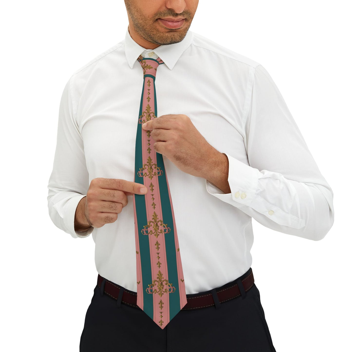 Elegant Floral Necktie, Formal Tie for Weddings, Business, Events, Gifts for Him, Stylish Neckwear - Pink & Teal Striped Gold Baroque