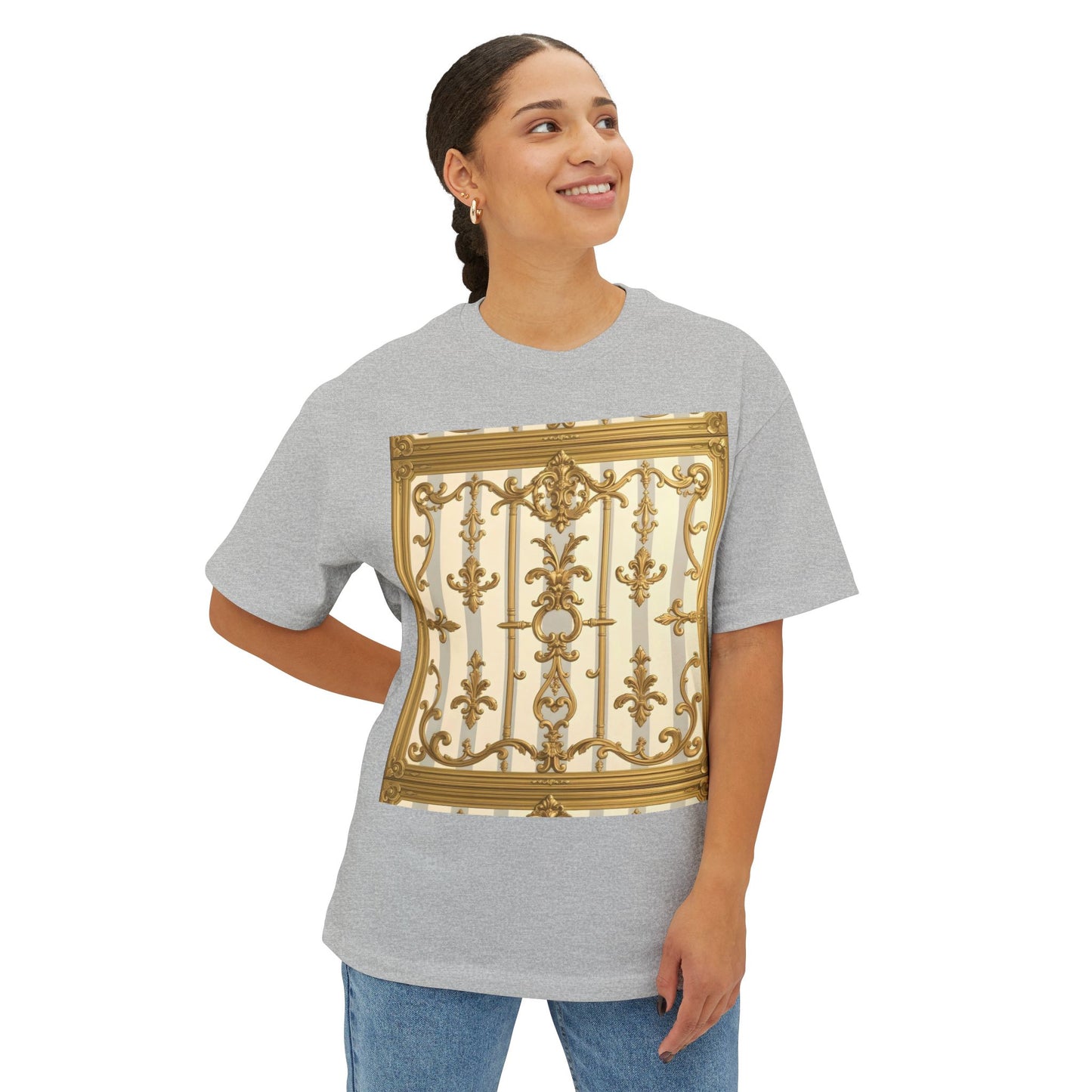 Golden Art Unisex Oversized Tee, Graphic Tee, Trendy Streetwear, Casual Shirt - Matte Gray & Cream Striped Gold Baroque