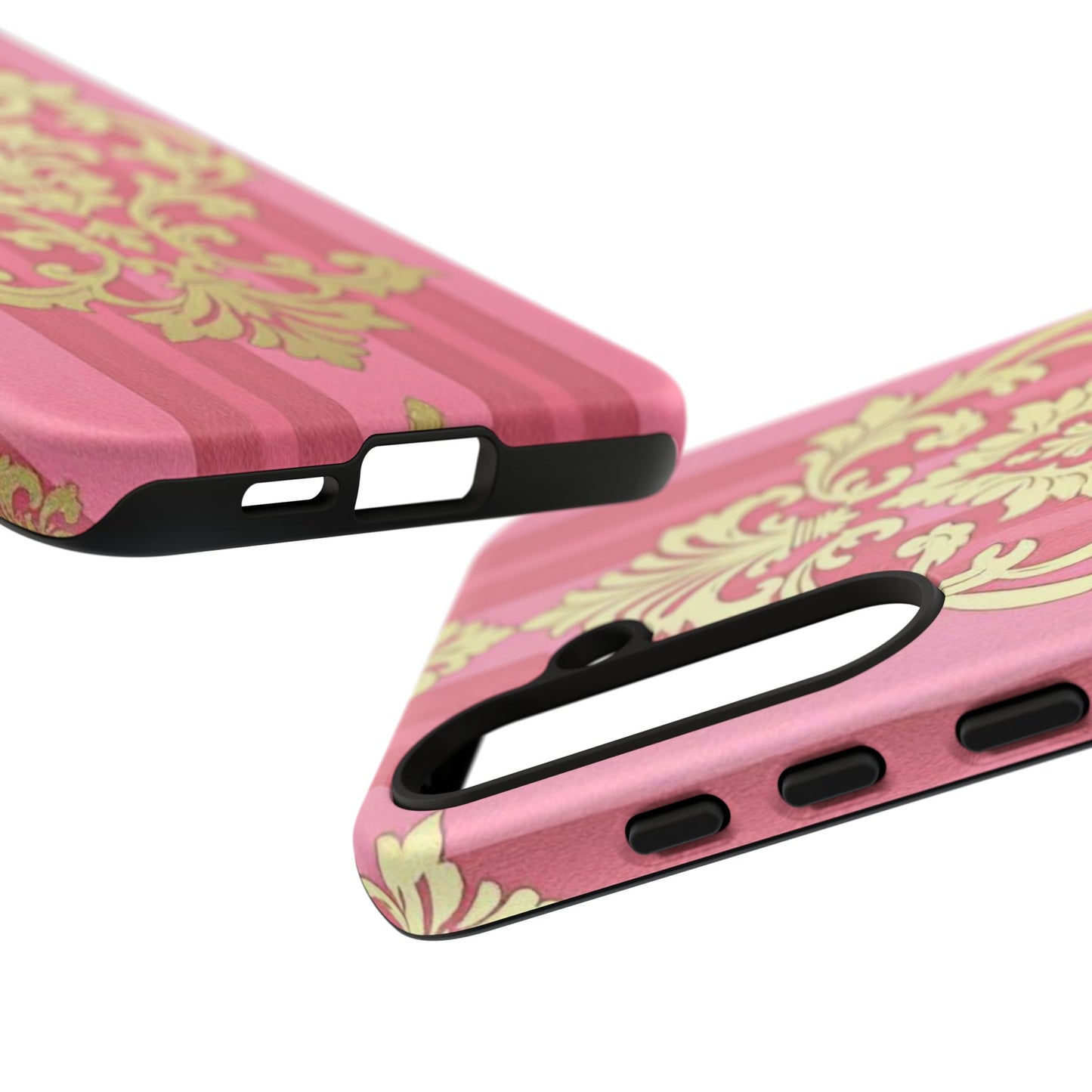 Elegant Floral Motif Phone Case - Tough Cases with Vintage Design - Pink Striped Damask