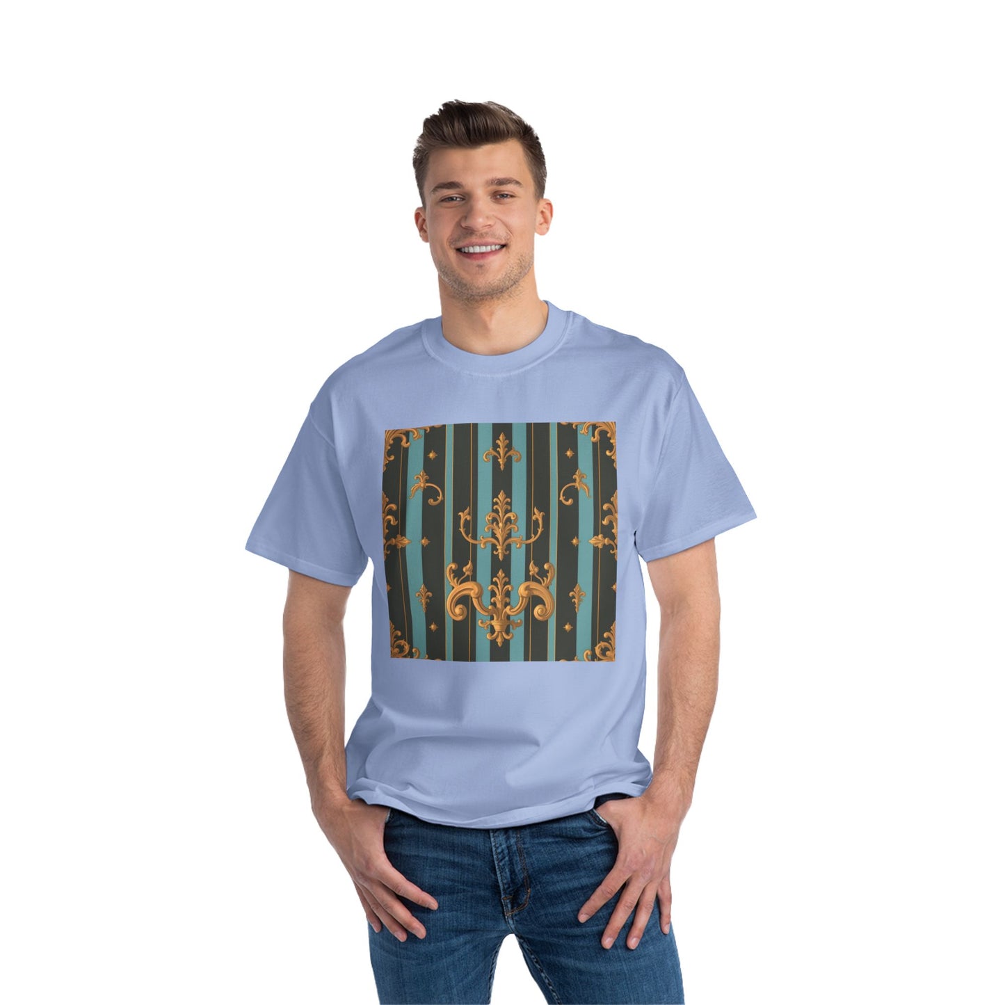 Elegant Vintage Pattern T-Shirt, Stylish Tee for Everyday Wear, Retro Design Shirt, Perfect Gift for Art Lovers - Black & Turquoise Striped Baroque