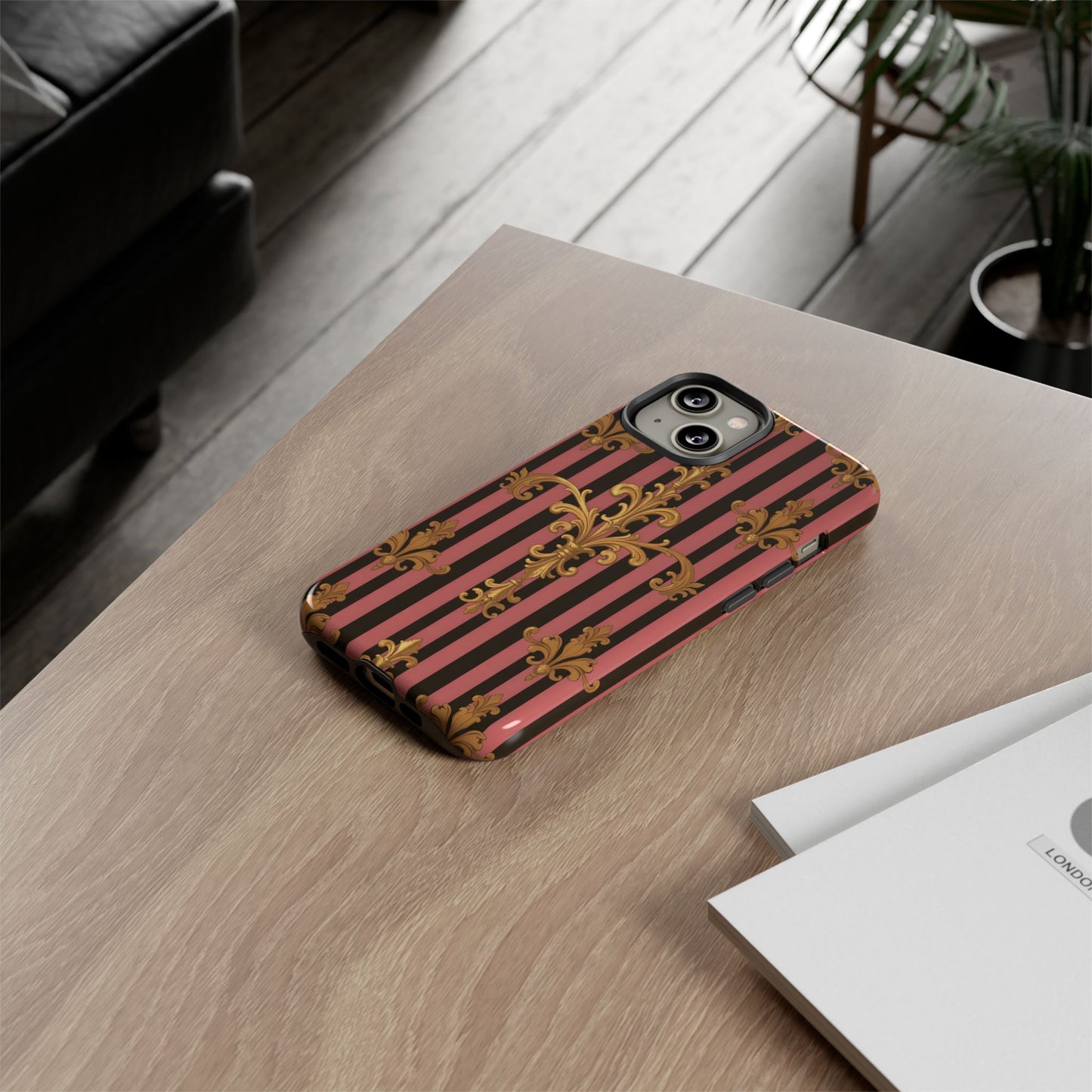 Elegant Floral Motif Phone Case - Tough Cases with Vintage Design - Mauve Striped Gold Damask
