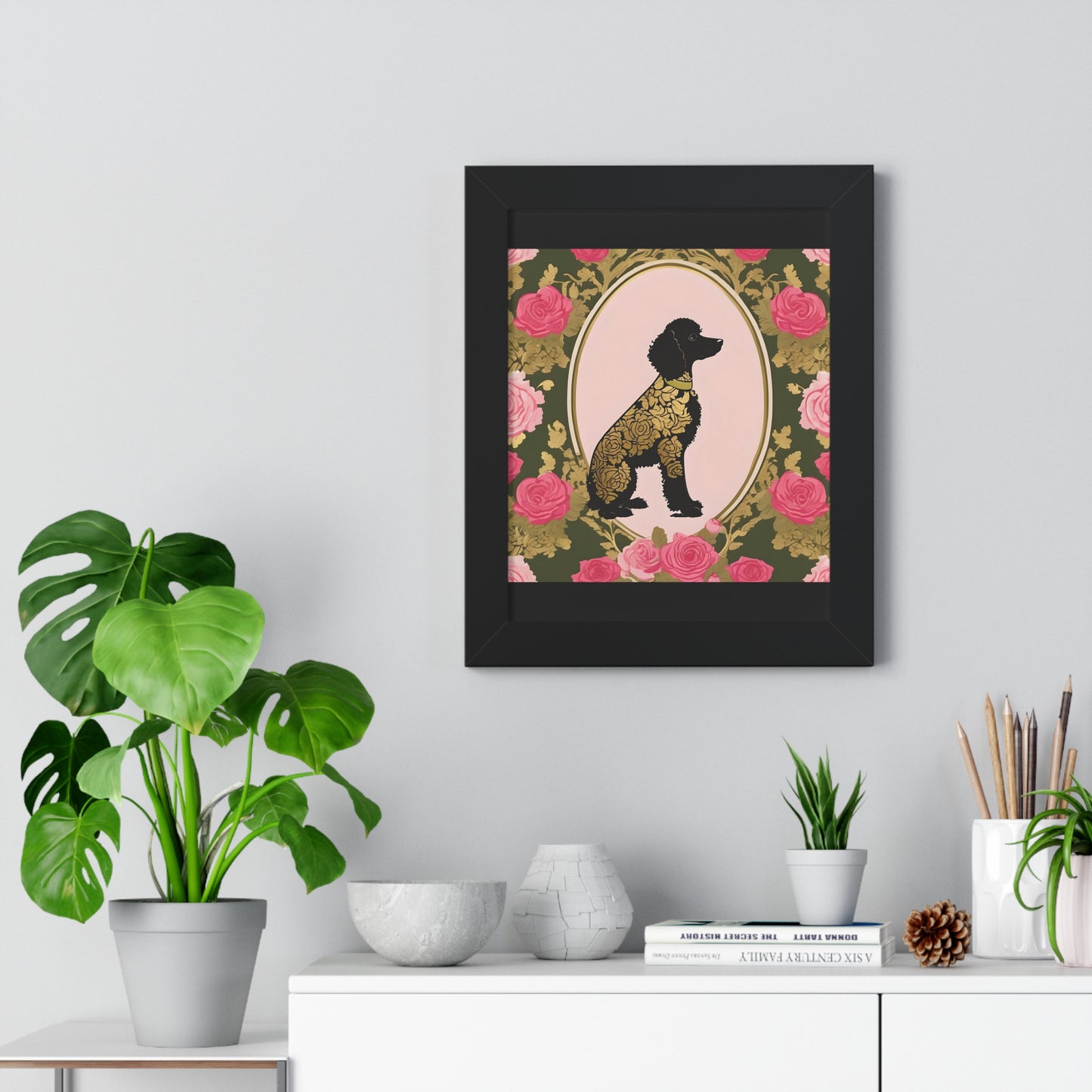 Vertical Poster - Stylish Framed - Art for Home Decor - Damask Black & Gold Poodle in Olive & Pink Roses