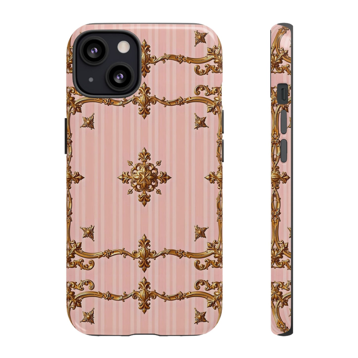 Elegant Floral Phone Case, Tough Cases for Women, Trendy Phone Cover, Chic Gift - Pink Striped Gold Baroque
