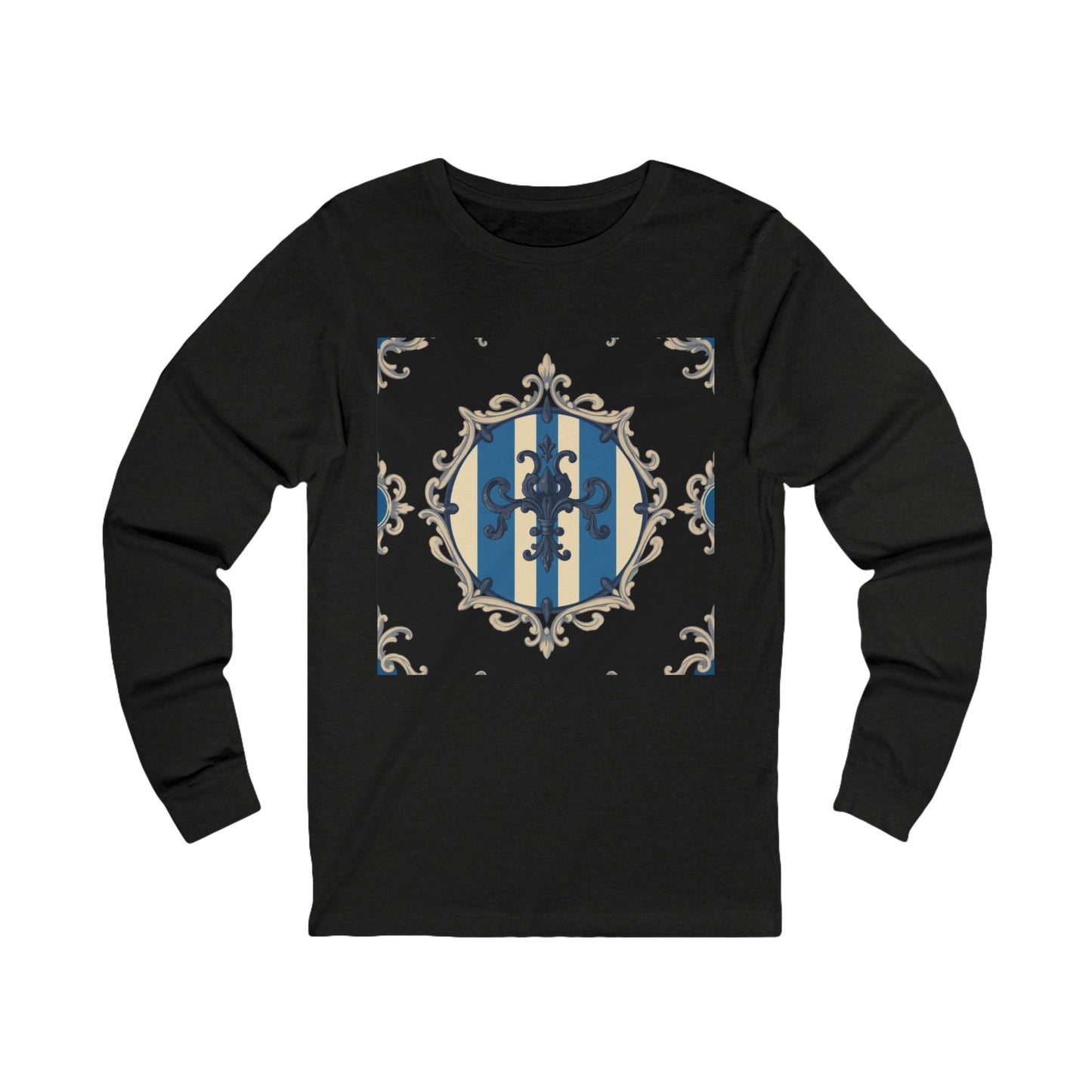 Elegant Blue & Alabaster Striped Baroque Long Sleeve Tee | Unisex Stylish Top for Casual Wear, Gift for Her, Him, Birthday, Fashion Statement