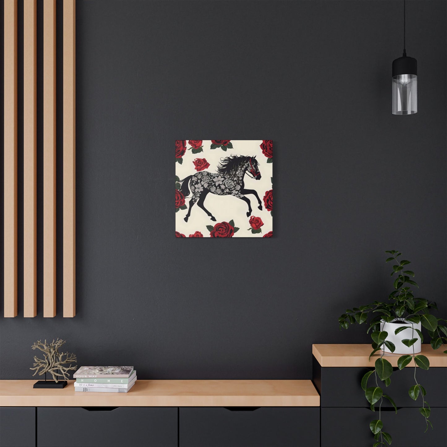 Art Print Canvas, Wall Decor, Satin Stretched Canvas, Equestrian Art, Office Decor, Home Decor - Horse & Roses