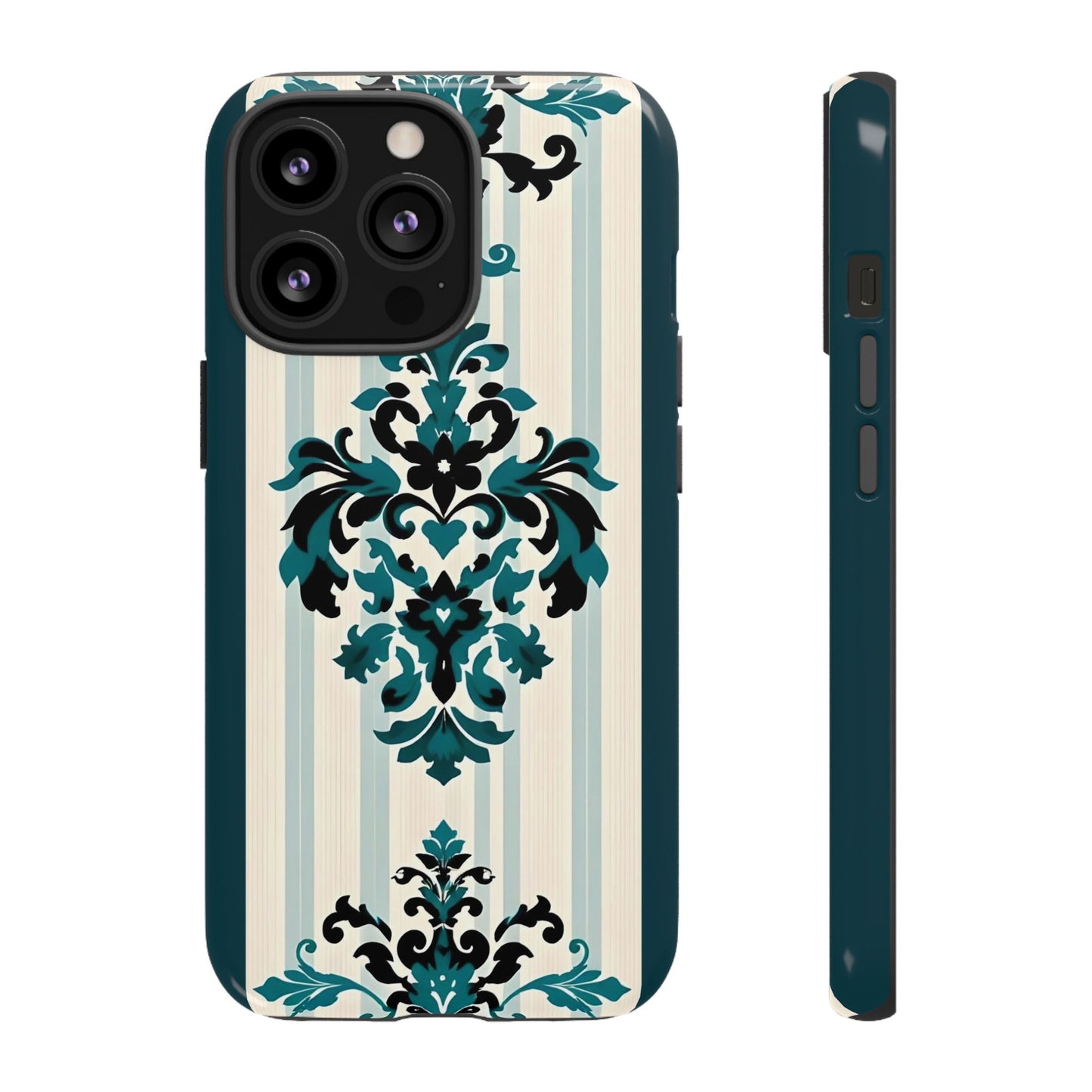 Elegant Floral Phone Case - Tough Cases with Vintage Design - Teal Striped Damask