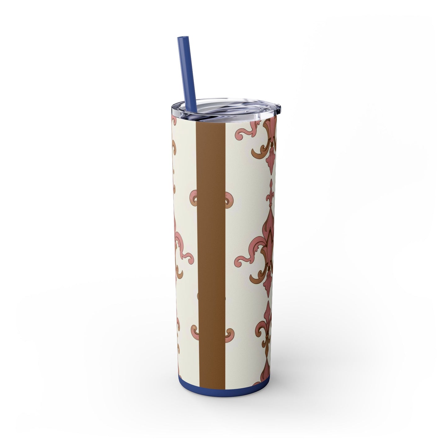 Elegant Floral Skinny Tumbler, 20oz Drinkware, Stylish Travel Mug, Wedding Gift, Personalized Gift, Eco-Friendly Cup - Brown Striped Pink Arabesque