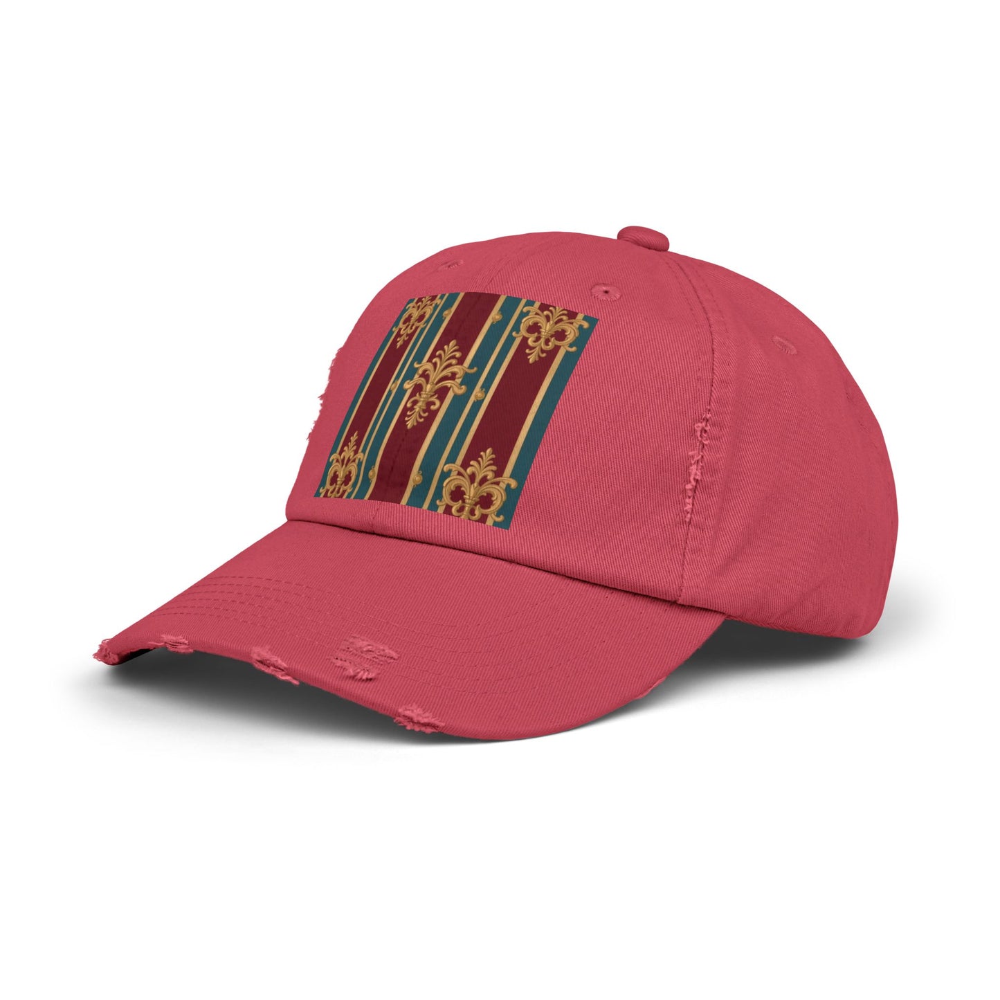 Stylish Unisex Distressed Cap with Vintage Striped Design, Casual Wear, Outdoor Activities, Gift for Him/Her - Burgundy Striped Gold Baroque