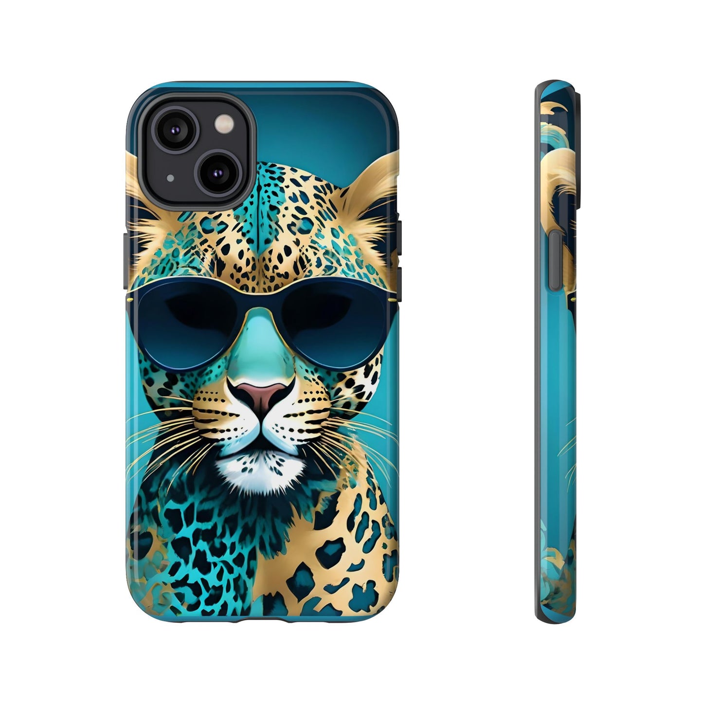Phone Case - Aqua & Gold Leopard In Sunglasses Design