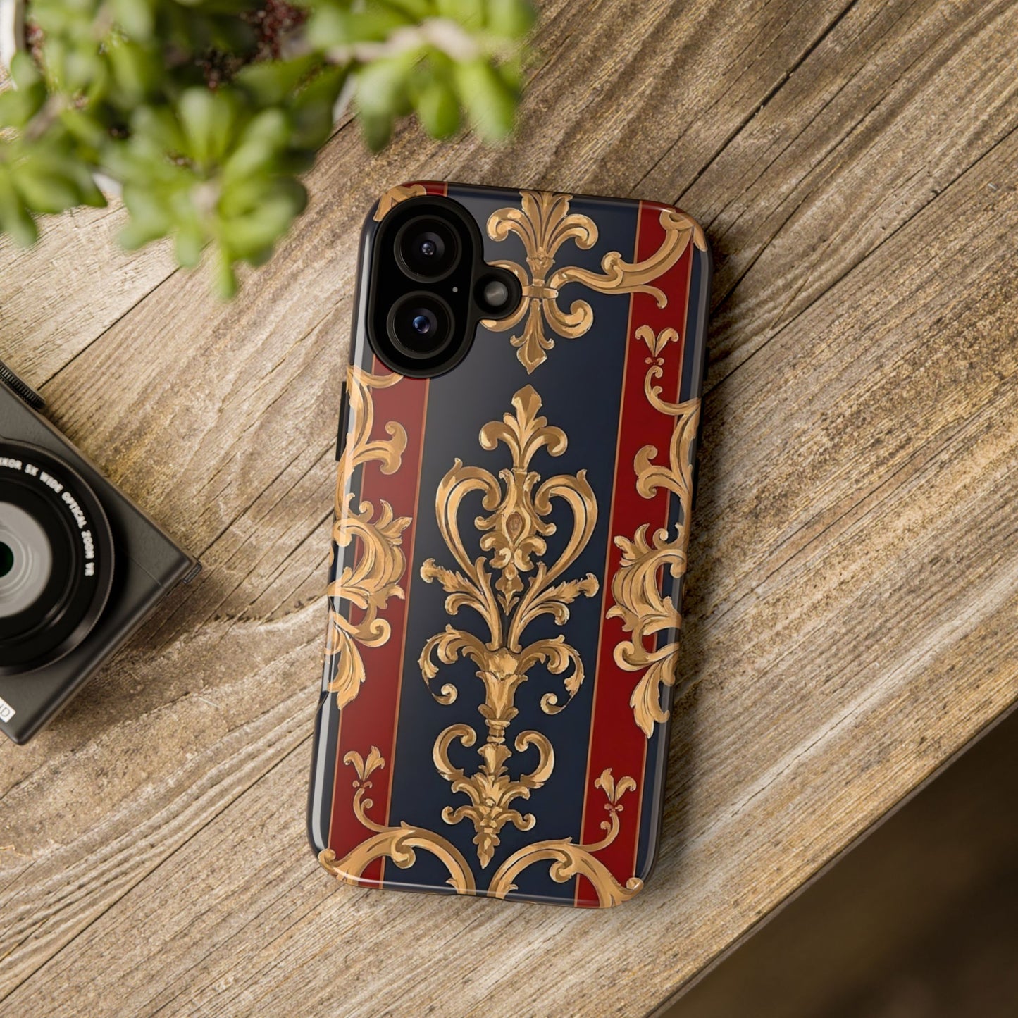 Elegant Floral Motif Phone Case - Tough Cases with Vintage Design - Midnight Blue & Dusk Red Striped Gold Damask