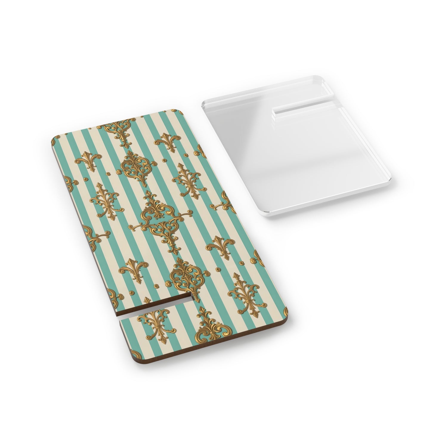 Elegant Smartphone Display Stand, Phone Holder, Decorative Mobile Stand, Desk Organizer - Matte Green Striped Rococo