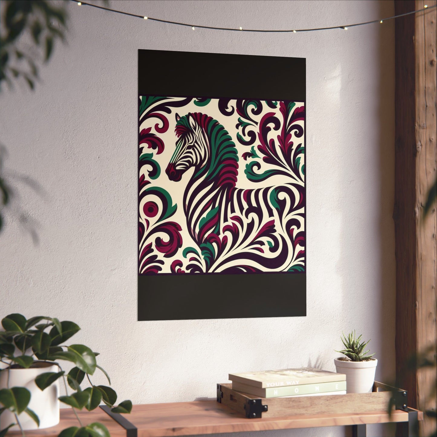 Floral Art Poster - Elegant Matte Vertical Wall Decor - Burgundy & Green Zebra Damask Design