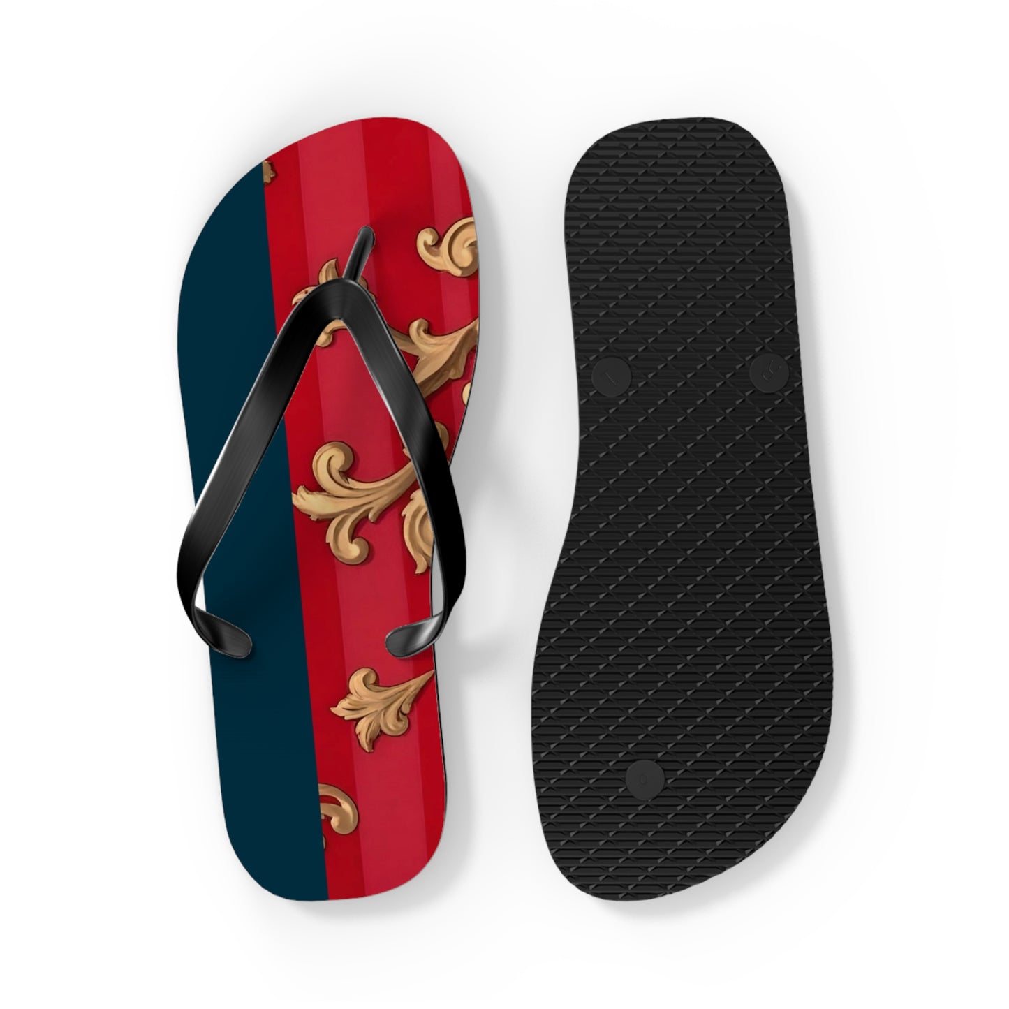 Stylish Flip Flops for Summer Fun, Beach Footwear, Vacation Sandals, Poolside Flip Flops, Casual Summer Shoes - Blue & Red Striped Baroque