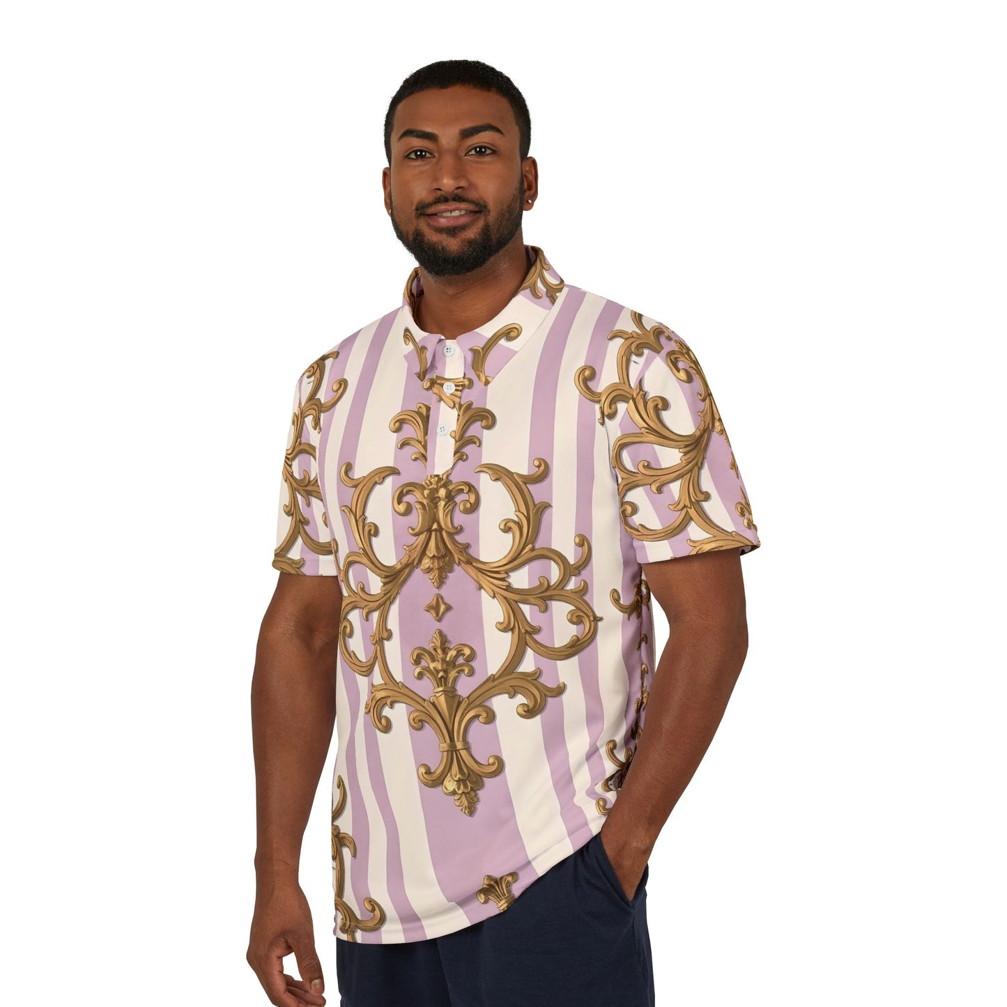 Elegant Vintage-Style Unisex Polo Shirt, Casual Outfit, Summer Wear, Gift for Her or Him, Retro Fashion - Lilac & Alabaster Striped Gold Baroque